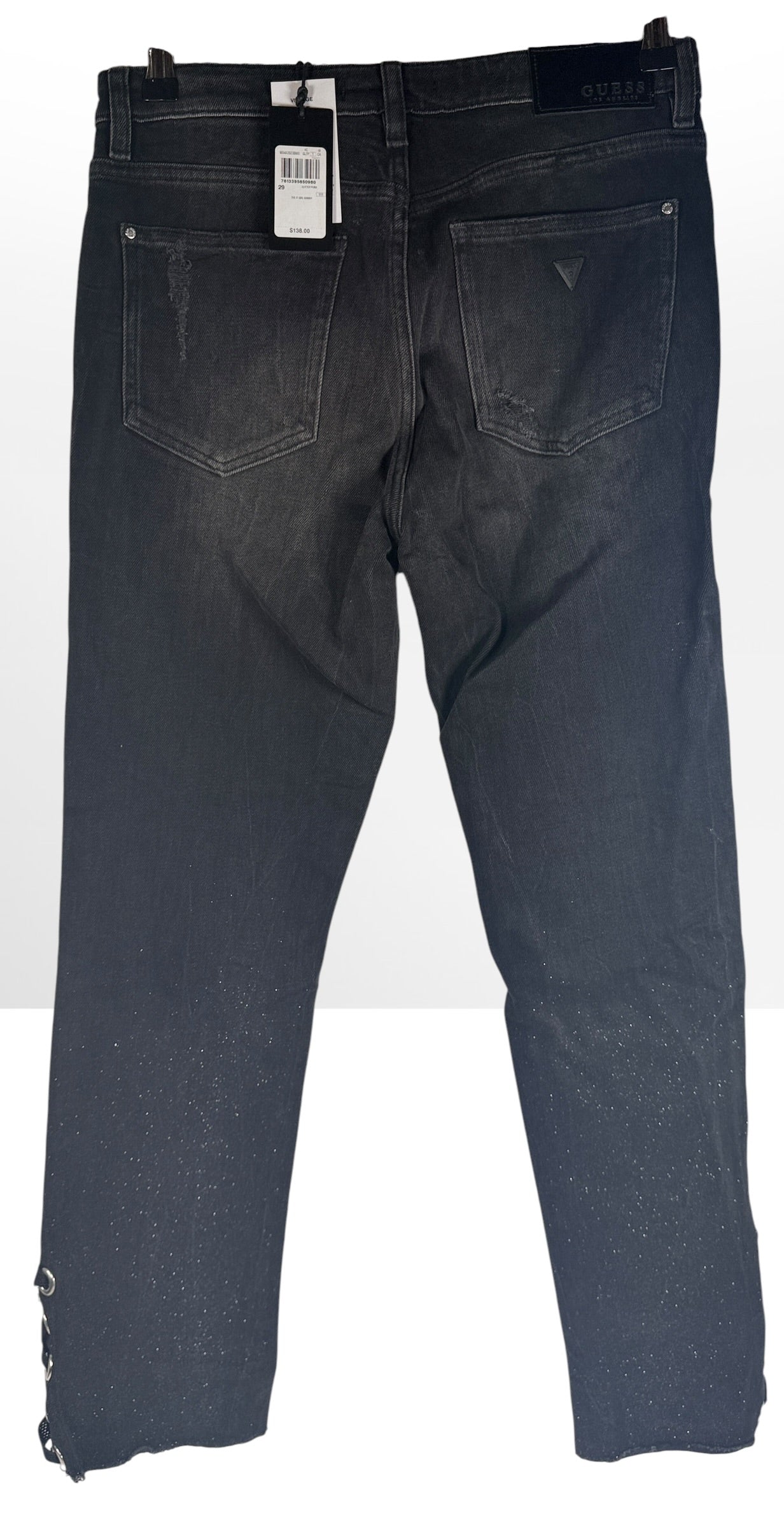 NWT GUESS The It Girl Skinny jeans in Glitter Punk wash. Black distressed stretch denim with shimmer finish, lace-up ankle details, and original tags, size 29.