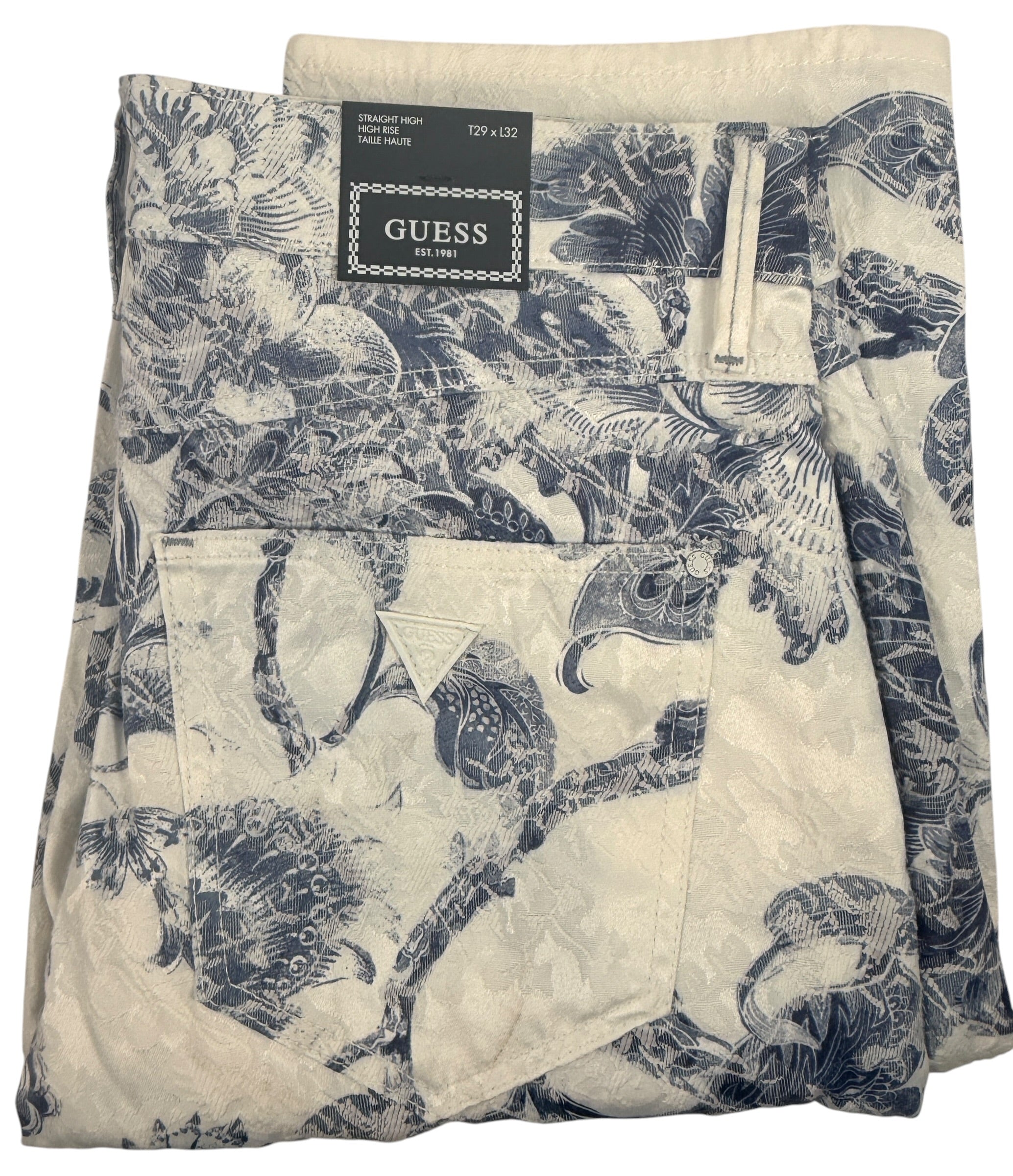 NWT GUESS 1981 Straight High Rise Jeans in Porcelain Flower print. Blue and white floral toile jacquard denim, size 29x32, slim straight fit.