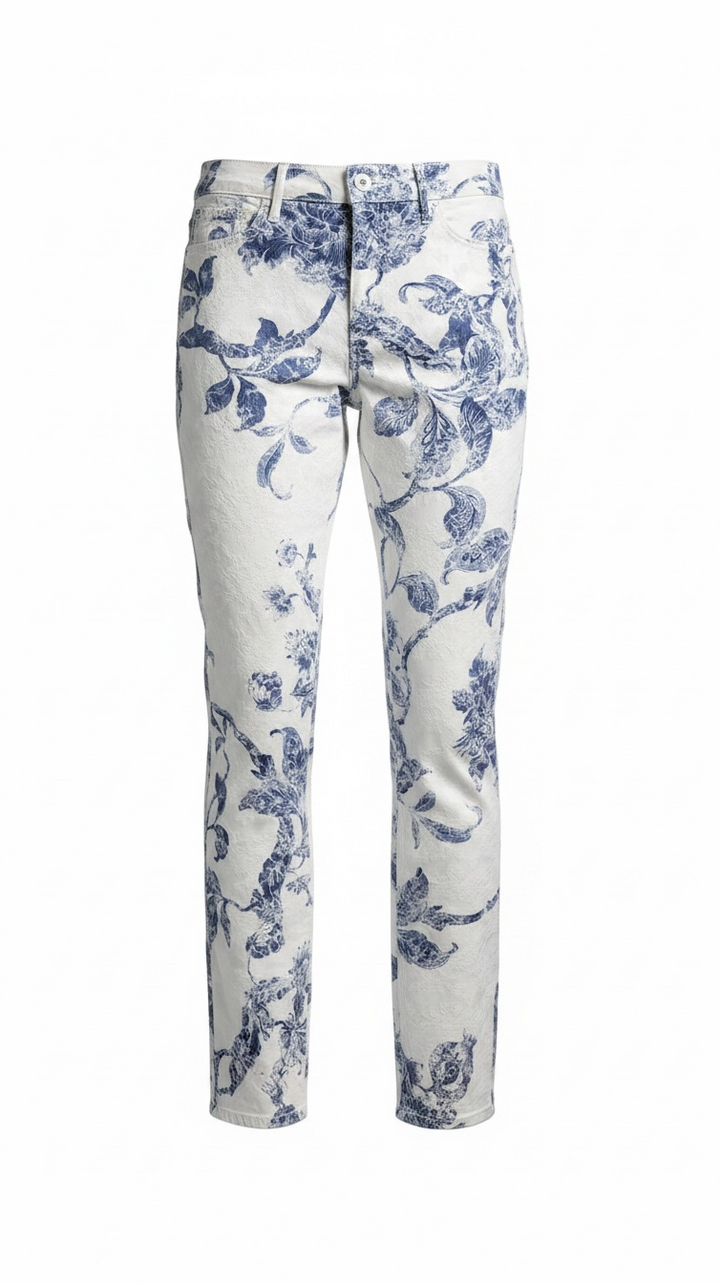 NWT GUESS 1981 Straight High Rise Jeans in Porcelain Flower print. Blue and white floral toile jacquard denim, size 29x32, slim straight fit.