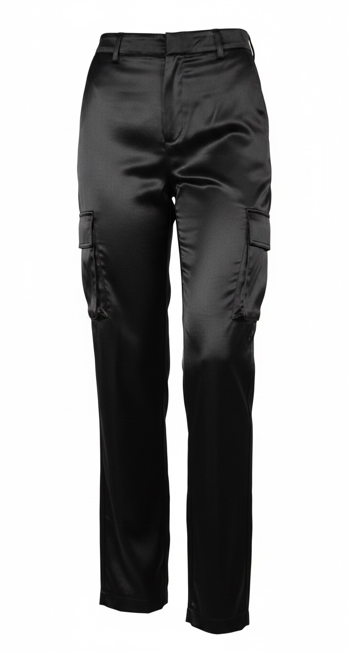 GUESS ECO Jamie Satin Cargo Pants in Jet Black, women’s medium, new with tags. Wide-leg satin cargo style with recycled materials and utility pockets.