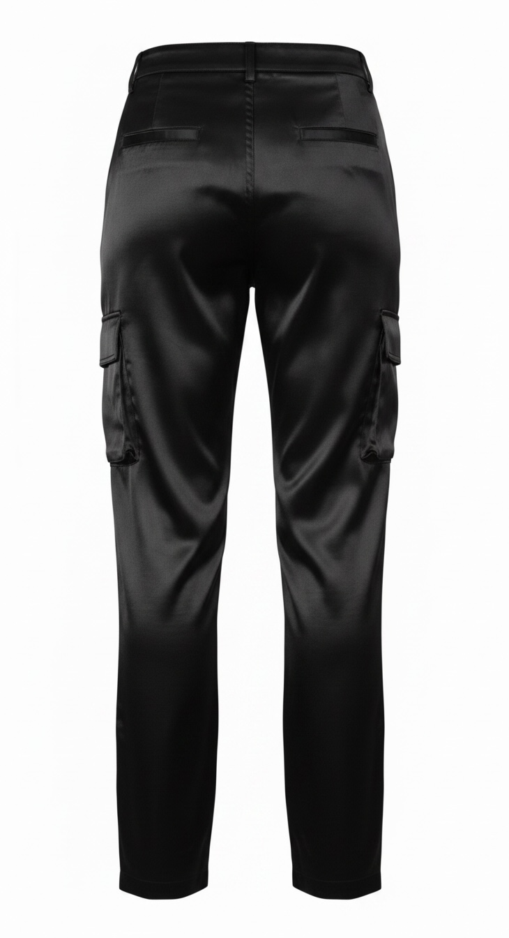 GUESS ECO Jamie Satin Cargo Pants in Jet Black, women’s medium, new with tags. Wide-leg satin cargo style with recycled materials and utility pockets.