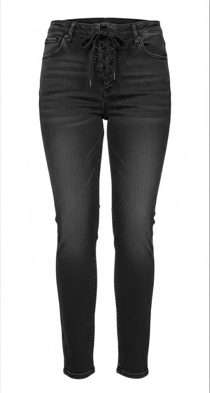 NWT GUESS Sexy Curve Skinny Mid jeans in black vintage wash featuring a lace-up front, stretch denim construction, and flattering curve fit. Size 29x27.