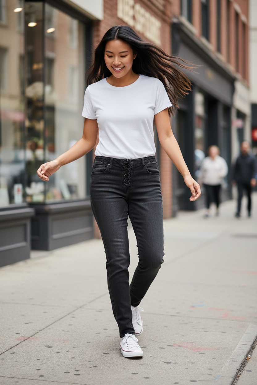 NWT GUESS Sexy Curve Skinny Mid jeans in black vintage wash featuring a lace-up front, stretch denim construction, and flattering curve fit. Size 29x27.