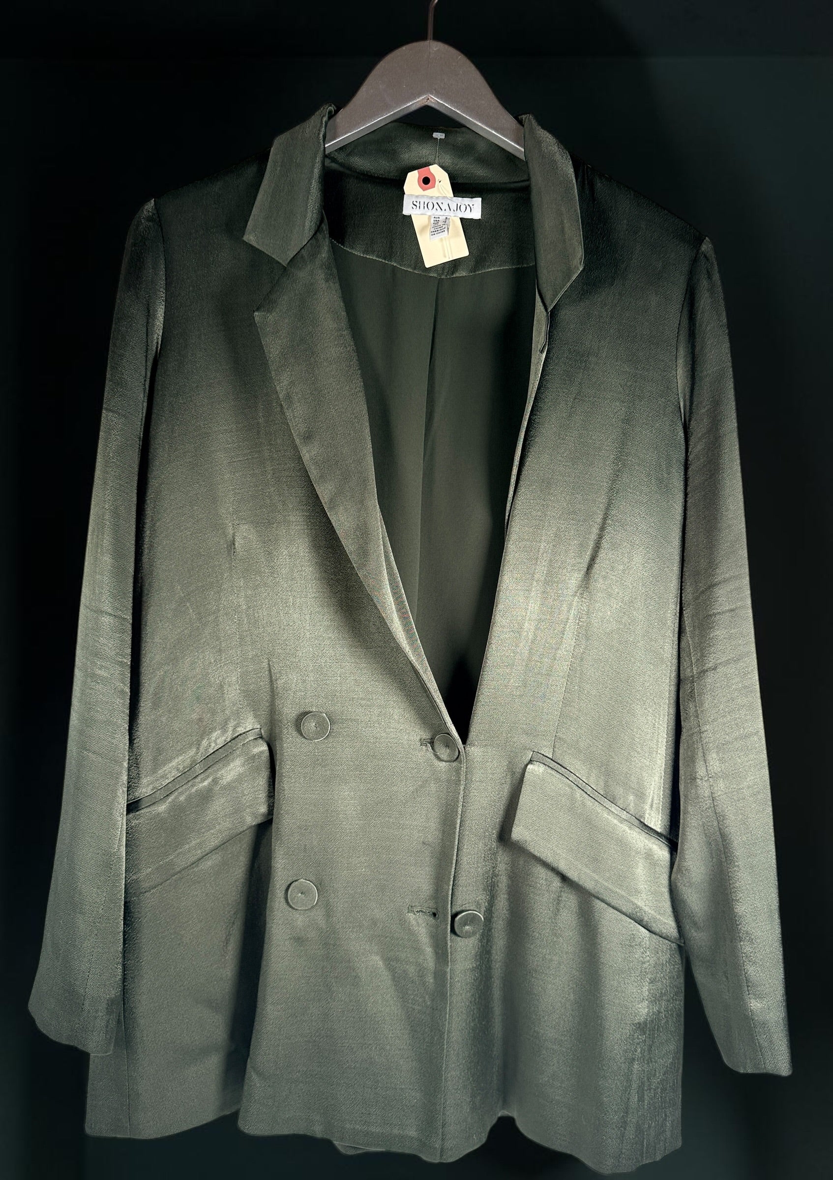 Shona Joy metallic olive double-breasted blazer size 4. Tailored Australian designer jacket in LENZING ECOVERO viscose with elegant satin sheen.