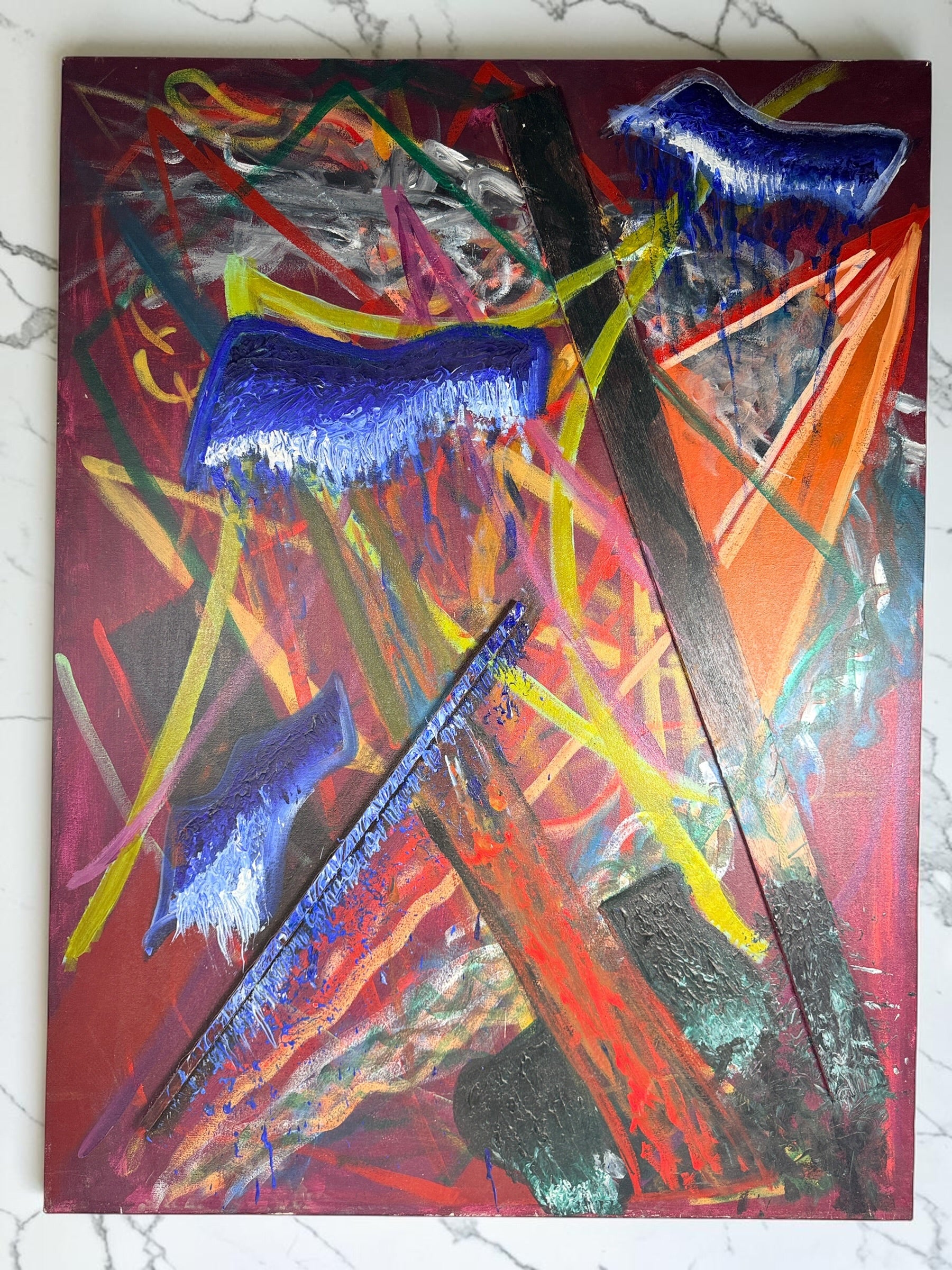 Original 1992 abstract painting by David Bennahum titled Spring 92. Large mixed-media canvas featuring bold colors, geometric forms, and textured impasto.