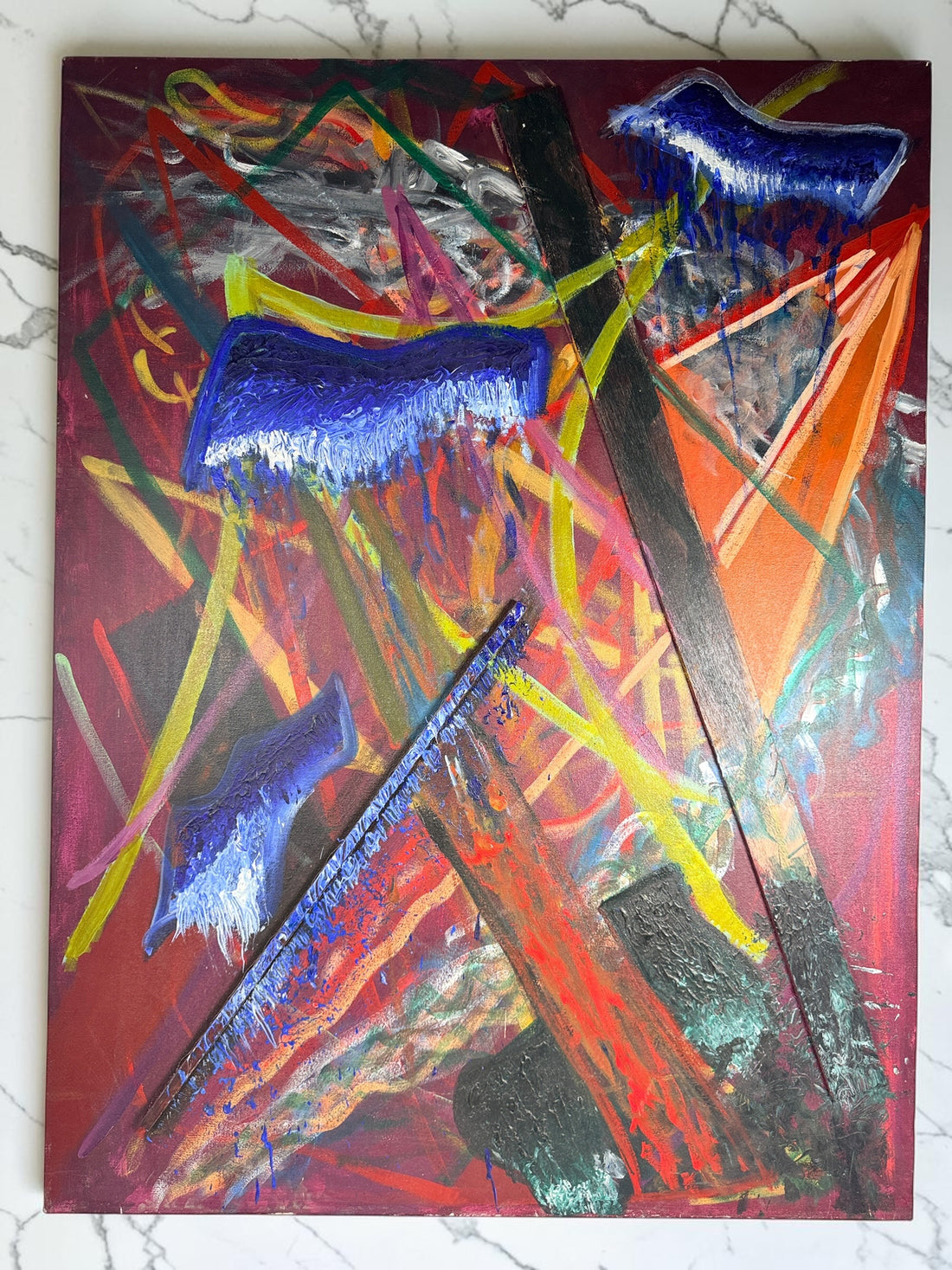 Original 1992 abstract painting by David Bennahum titled Spring 92. Large mixed-media canvas featuring bold colors, geometric forms, and textured impasto.