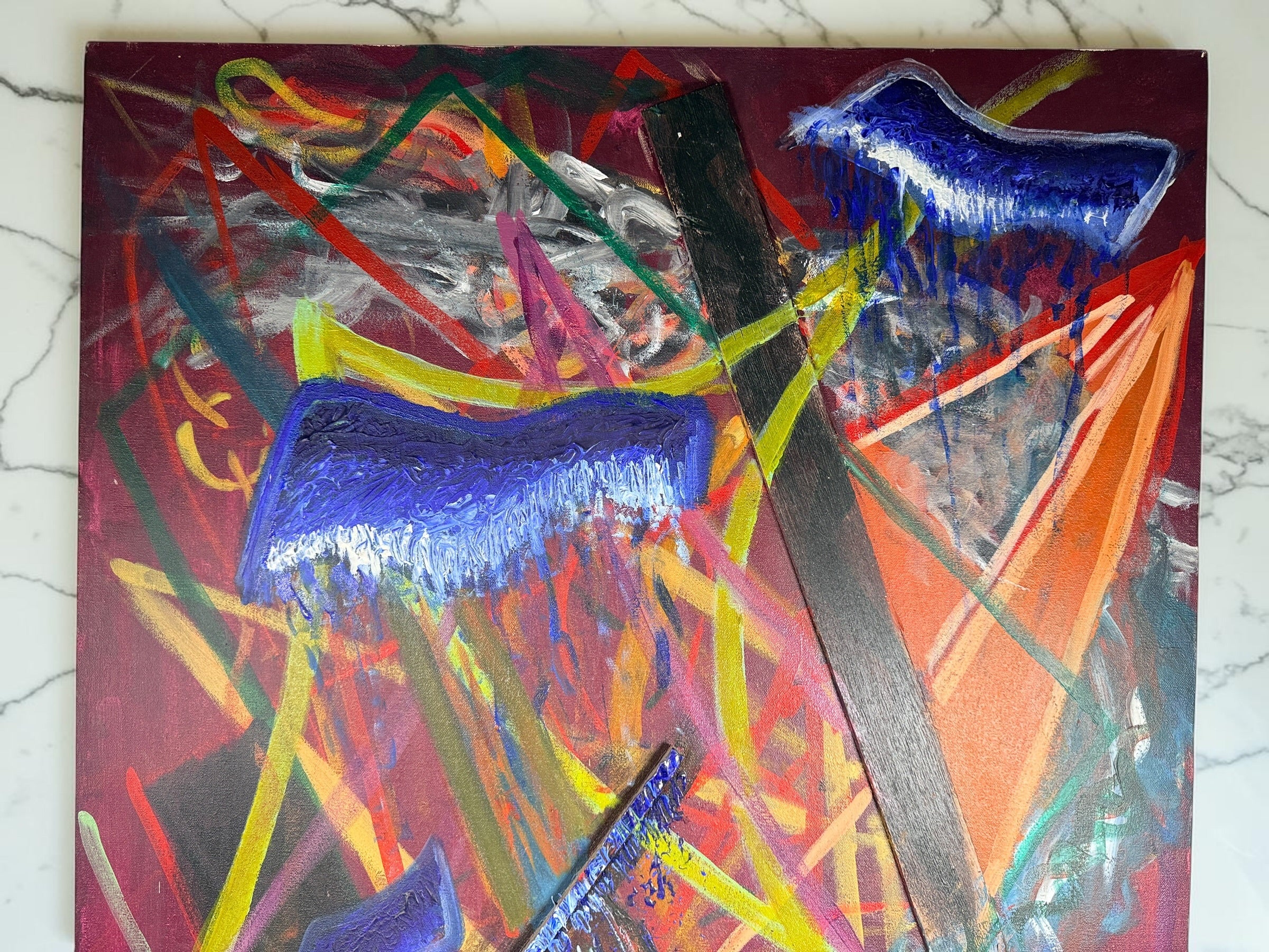 Original 1992 abstract painting by David Bennahum titled Spring 92. Large mixed-media canvas featuring bold colors, geometric forms, and textured impasto.