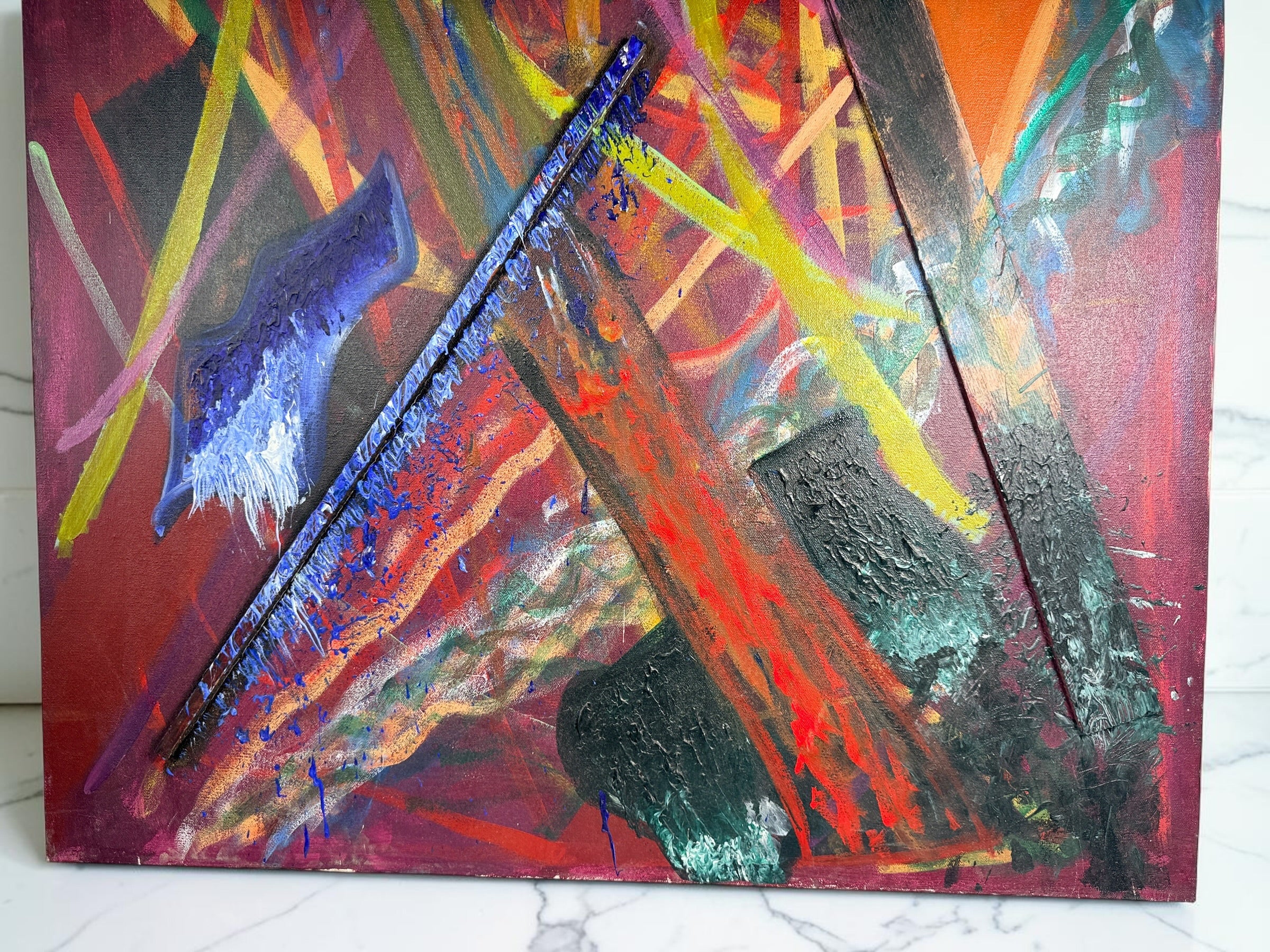 Original 1992 abstract painting by David Bennahum titled Spring 92. Large mixed-media canvas featuring bold colors, geometric forms, and textured impasto.
