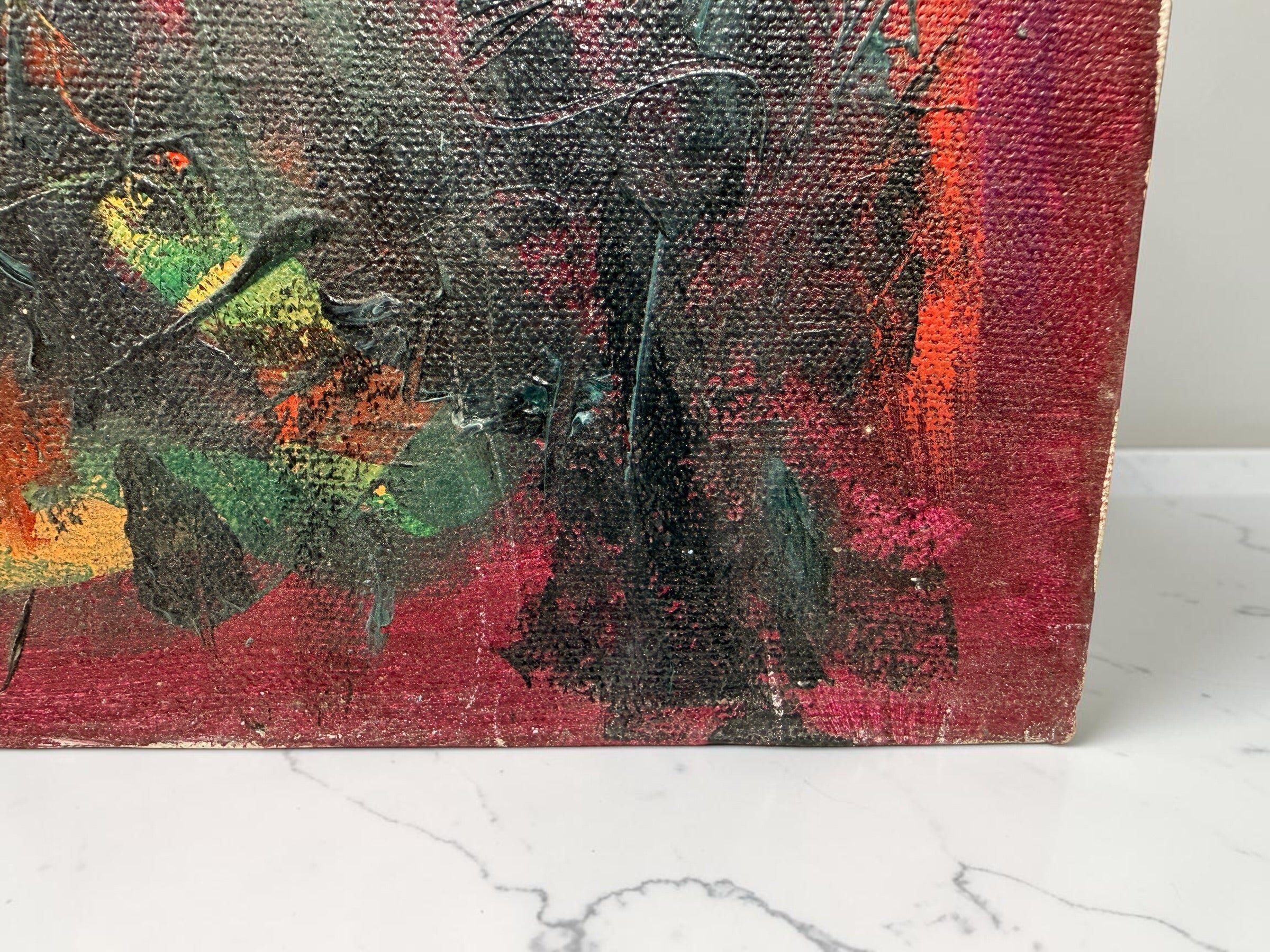 Original 1992 abstract painting by David Bennahum titled Spring 92. Large mixed-media canvas featuring bold colors, geometric forms, and textured impasto.