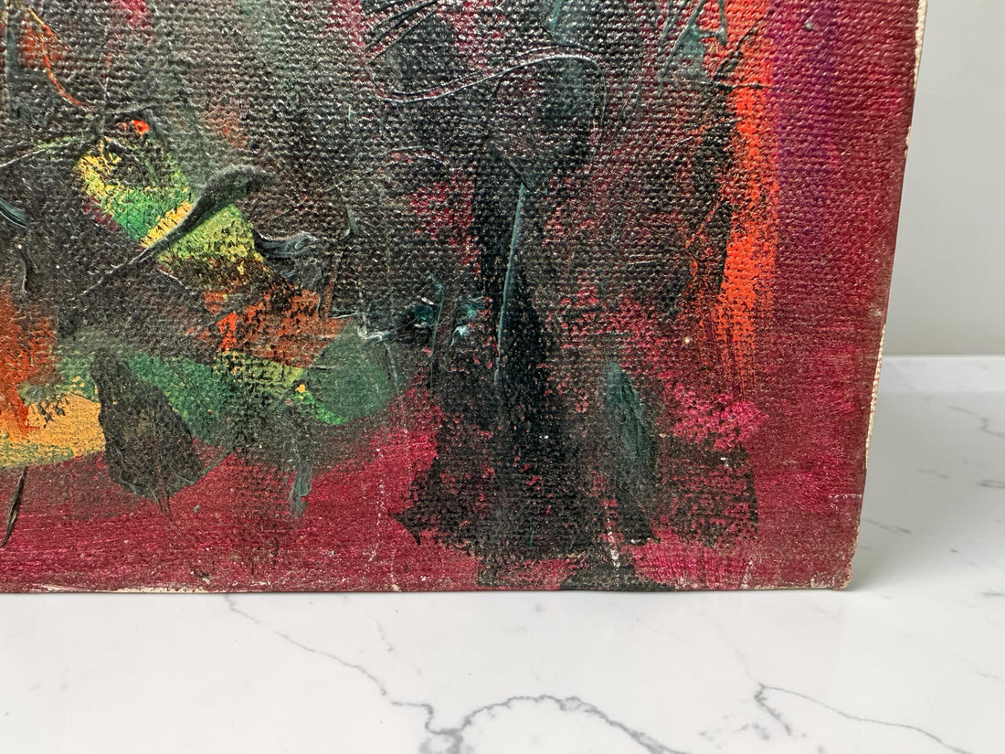 Original 1992 abstract painting by David Bennahum titled Spring 92. Large mixed-media canvas featuring bold colors, geometric forms, and textured impasto.