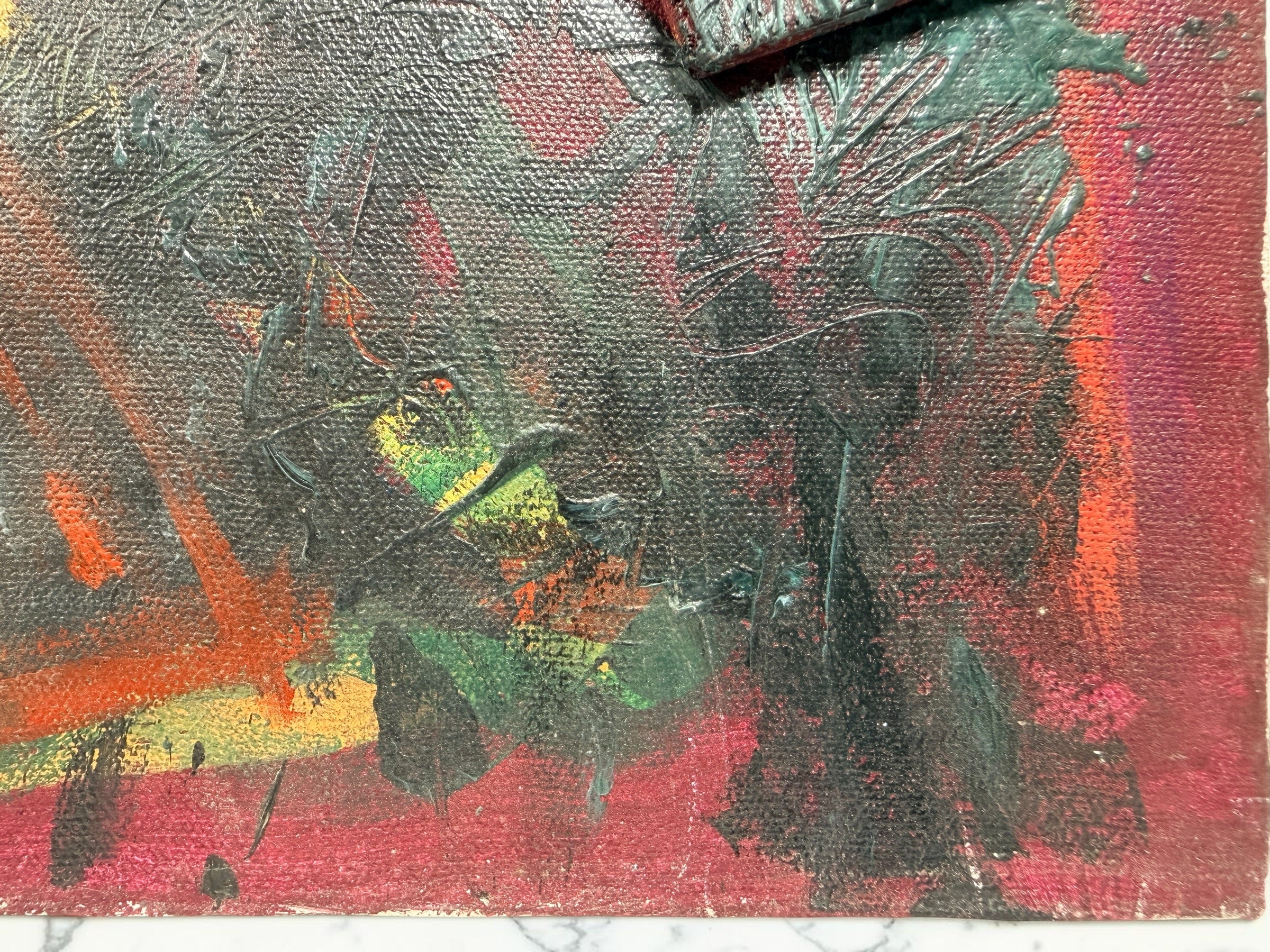 Original 1992 abstract painting by David Bennahum titled Spring 92. Large mixed-media canvas featuring bold colors, geometric forms, and textured impasto.