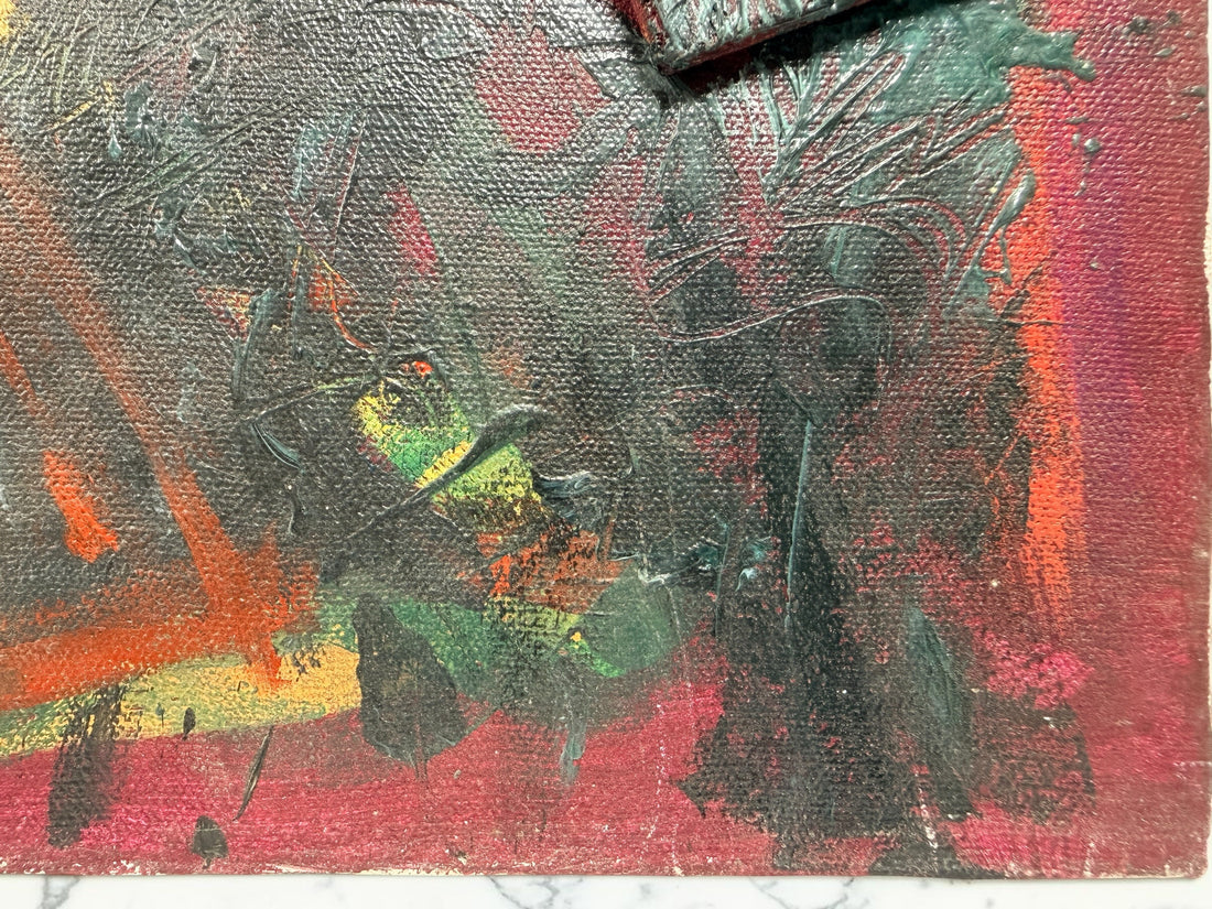 Original 1992 abstract painting by David Bennahum titled Spring 92. Large mixed-media canvas featuring bold colors, geometric forms, and textured impasto.