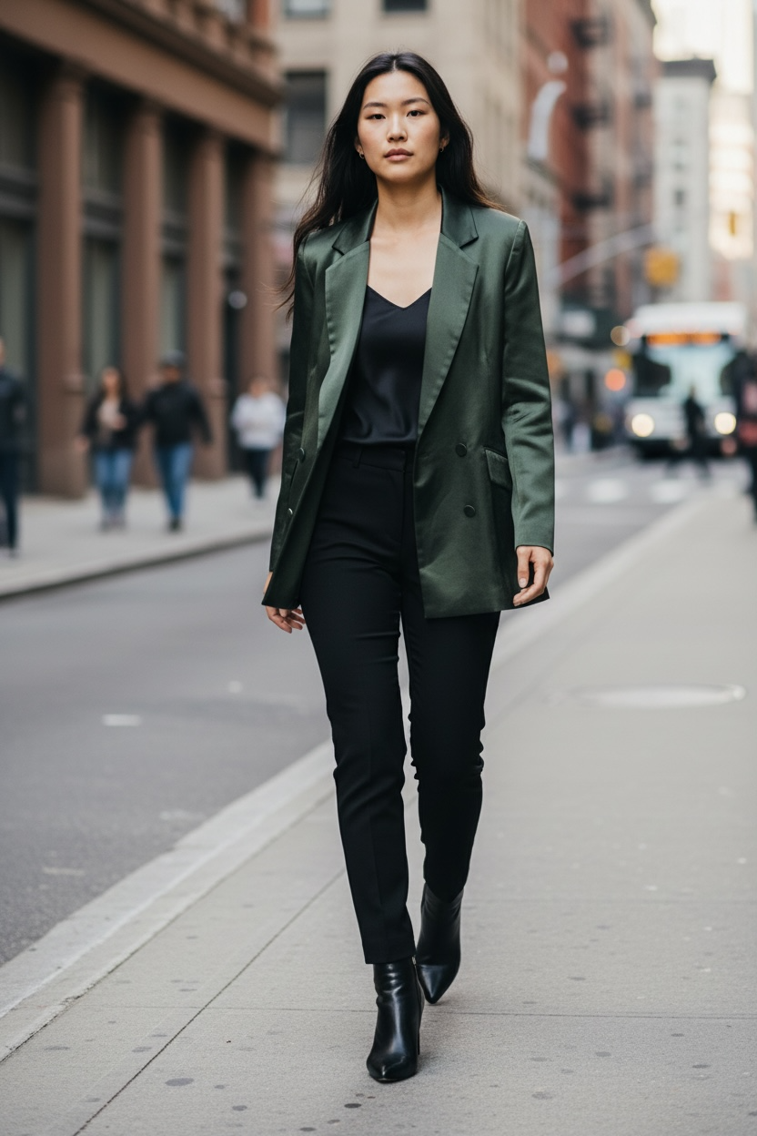 Shona Joy metallic olive double-breasted blazer size 4. Tailored Australian designer jacket in LENZING ECOVERO viscose with elegant satin sheen.