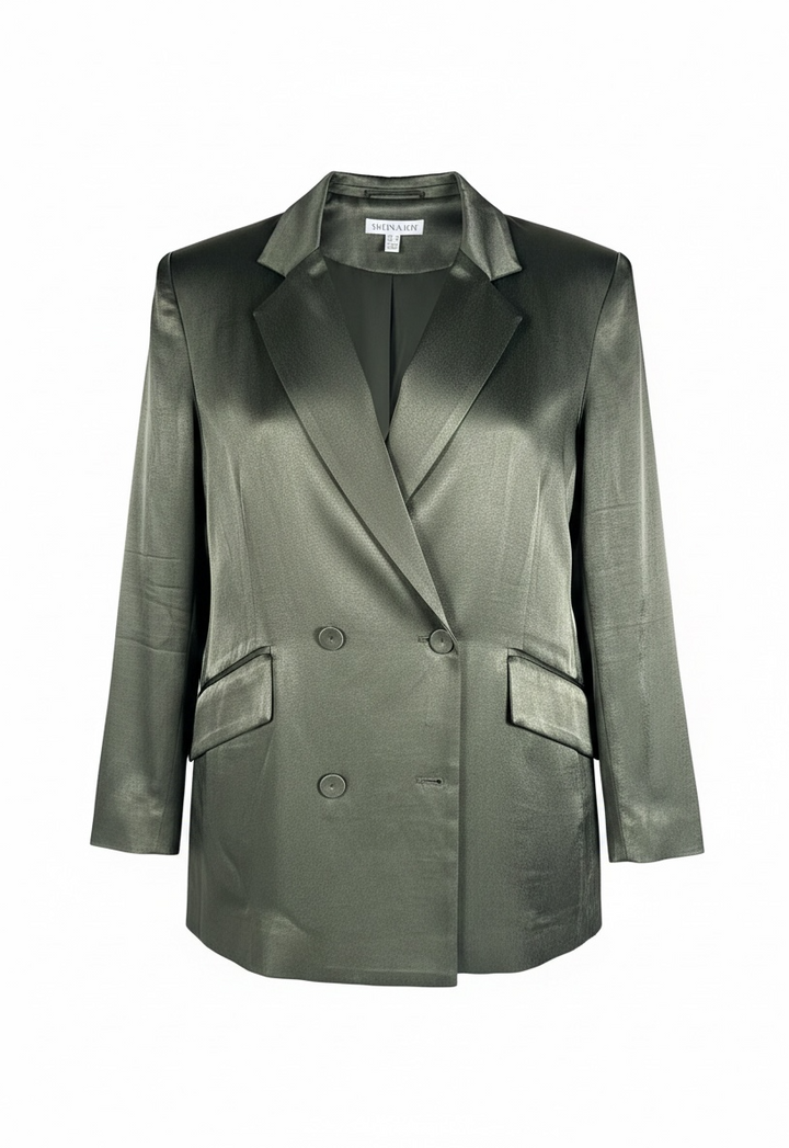 Shona Joy metallic olive double-breasted blazer size 4. Tailored Australian designer jacket in LENZING ECOVERO viscose with elegant satin sheen.