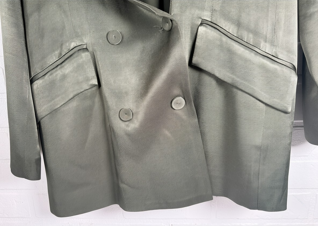 Shona Joy metallic olive double-breasted blazer size 4. Tailored Australian designer jacket in LENZING ECOVERO viscose with elegant satin sheen.