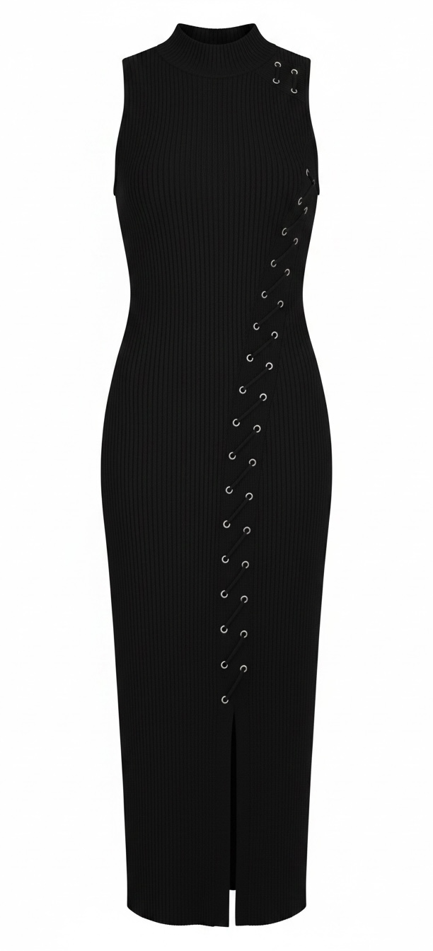 GUESS Robe pull côtelée à lacets Louise, noir de jais, M