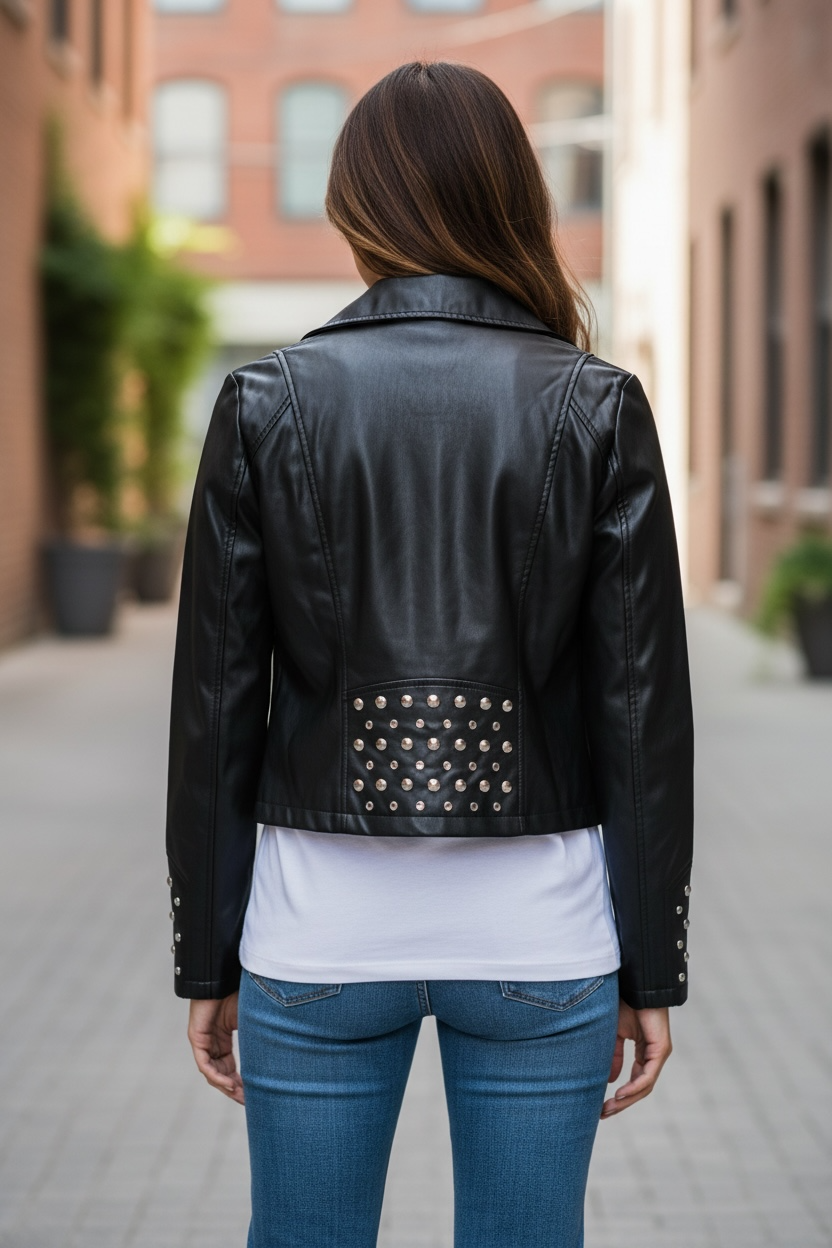 GUESS studded faux leather moto jacket in black, size medium. New with tags featuring rhinestone accents, asymmetrical zip closure and cropped biker styling.