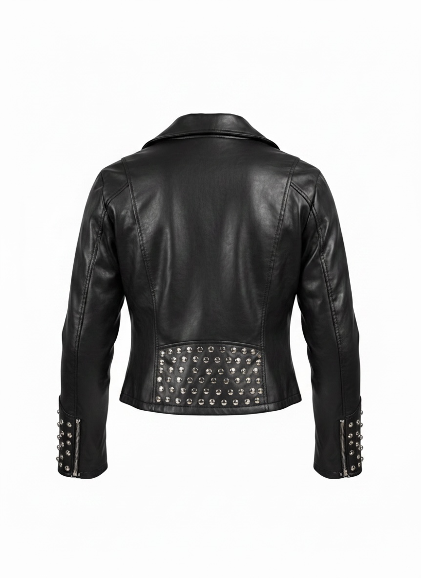 GUESS studded faux leather moto jacket in black, size medium. New with tags featuring rhinestone accents, asymmetrical zip closure and cropped biker styling.