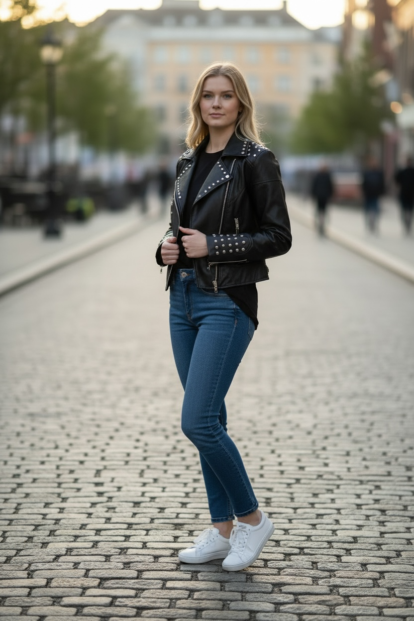 GUESS studded faux leather moto jacket in black, size medium. New with tags featuring rhinestone accents, asymmetrical zip closure and cropped biker styling.