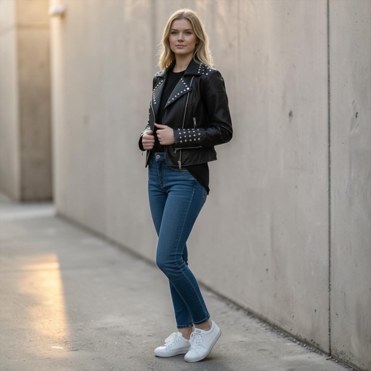GUESS studded faux leather moto jacket in black, size medium. New with tags featuring rhinestone accents, asymmetrical zip closure and cropped biker styling.