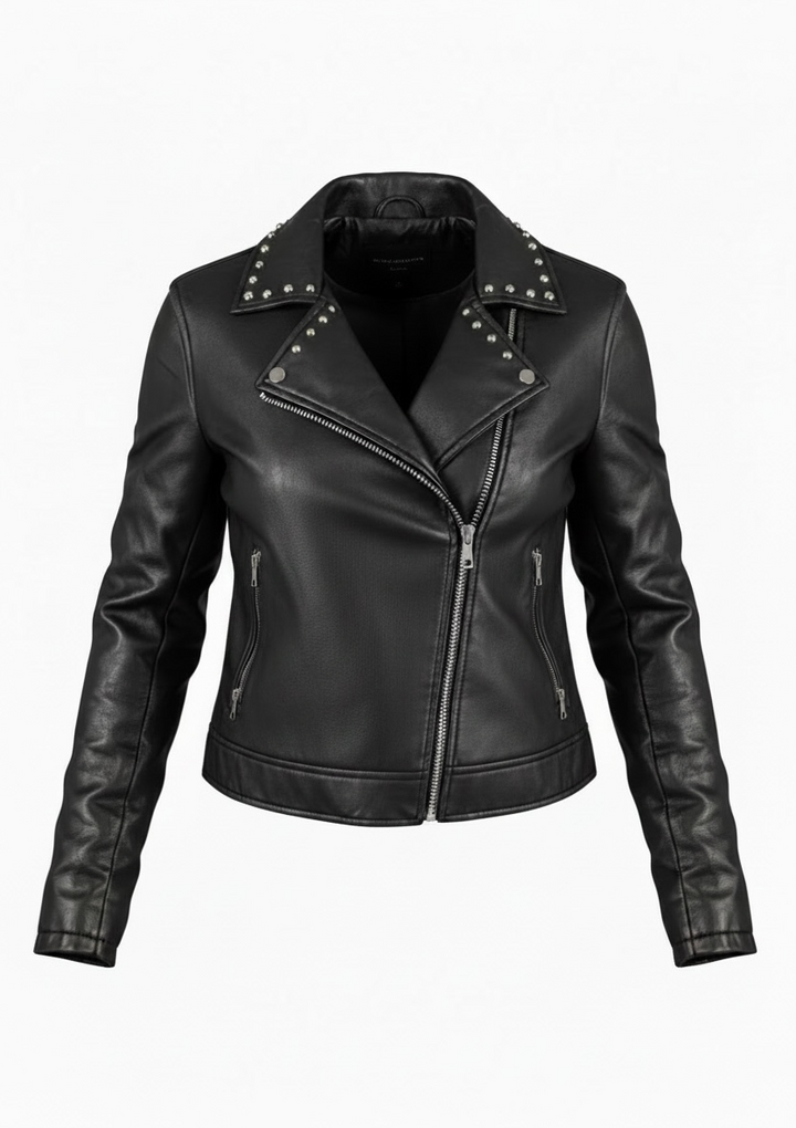 GUESS studded faux leather moto jacket in black, size medium. New with tags featuring rhinestone accents, asymmetrical zip closure and cropped biker styling.