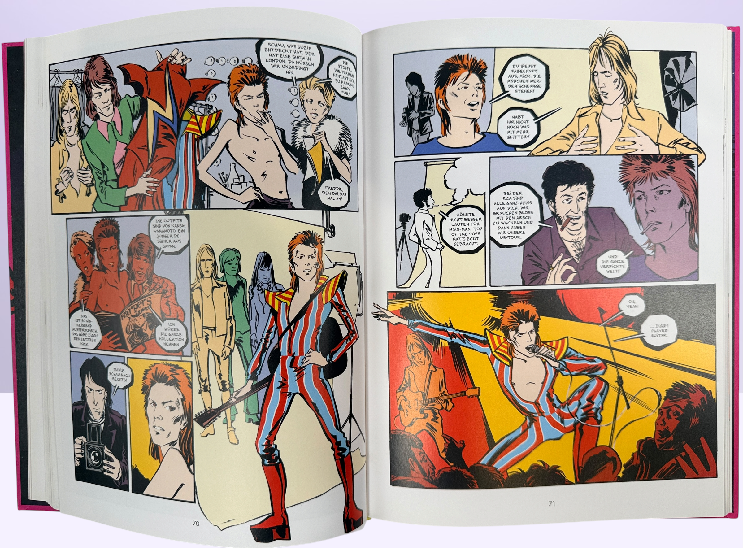 Reinhard Kleist’s Starman graphic novel chronicles David Bowie’s Ziggy Stardust years in stunning full color. German hardcover first edition from 2021.