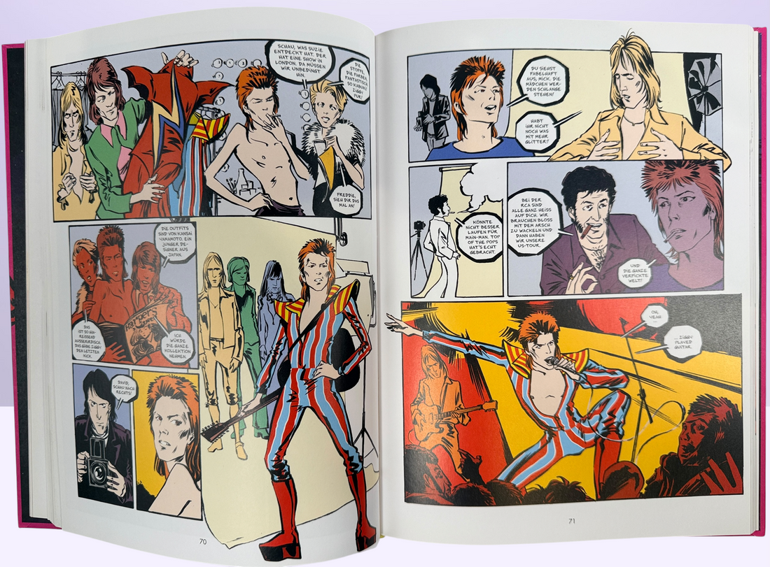 Reinhard Kleist’s Starman graphic novel chronicles David Bowie’s Ziggy Stardust years in stunning full color. German hardcover first edition from 2021.