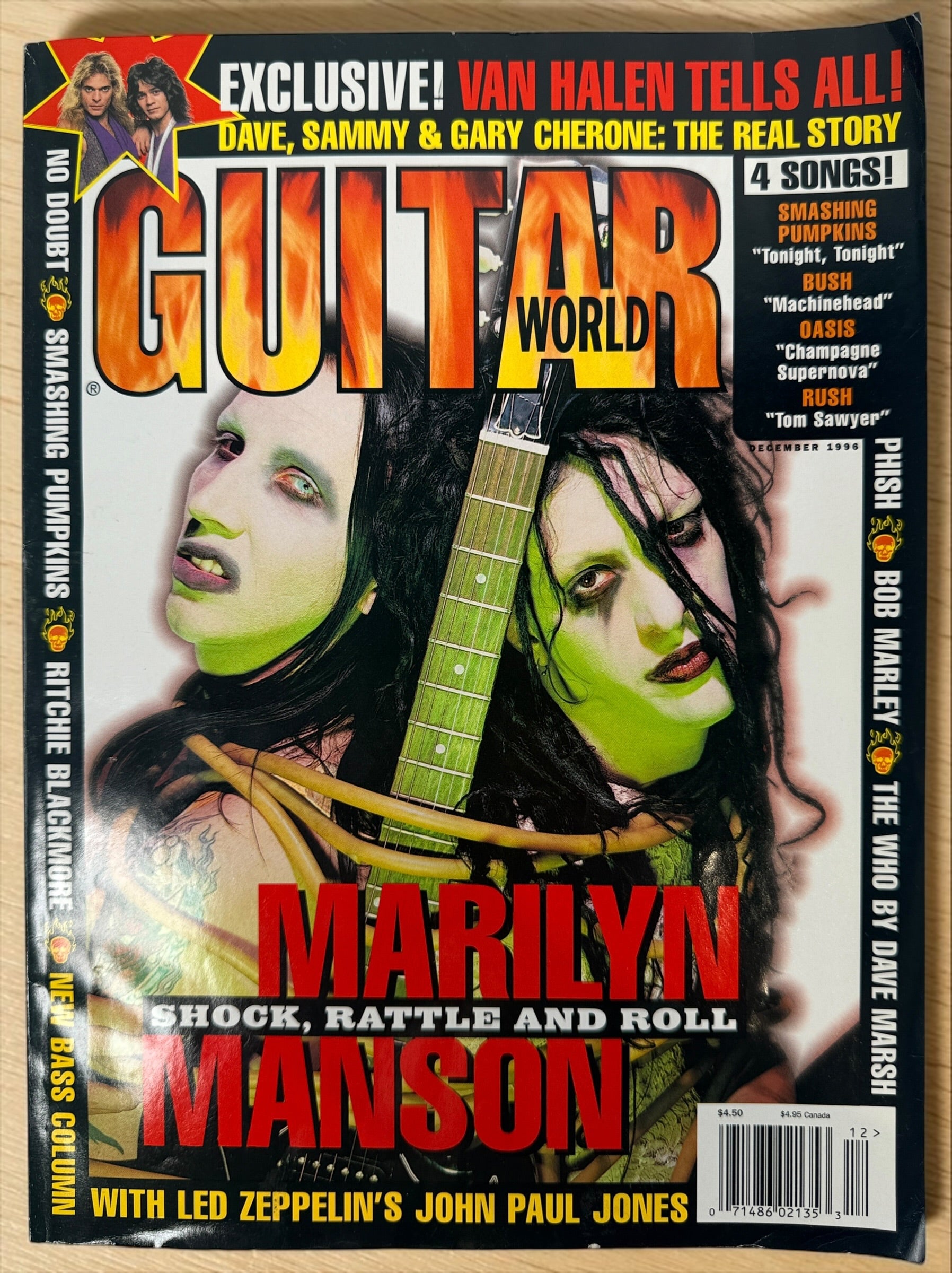 Vintage Guitar World December 1996 magazine featuring Marilyn Manson, Van Halen, No Doubt, White Zombie, Pantera, Bob Marley, and guitar transcriptions.