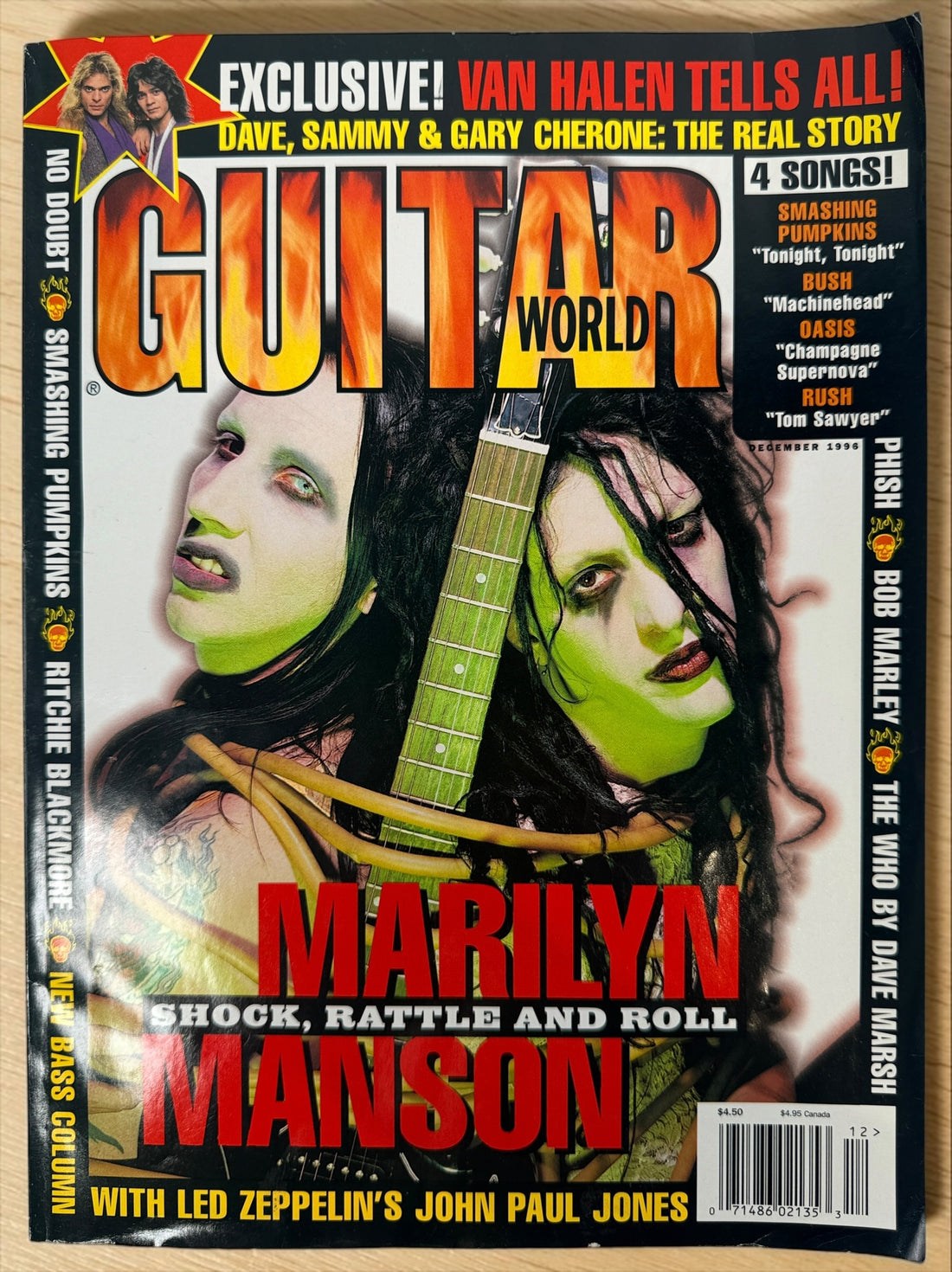 Vintage Guitar World December 1996 magazine featuring Marilyn Manson, Van Halen, No Doubt, White Zombie, Pantera, Bob Marley, and guitar transcriptions.