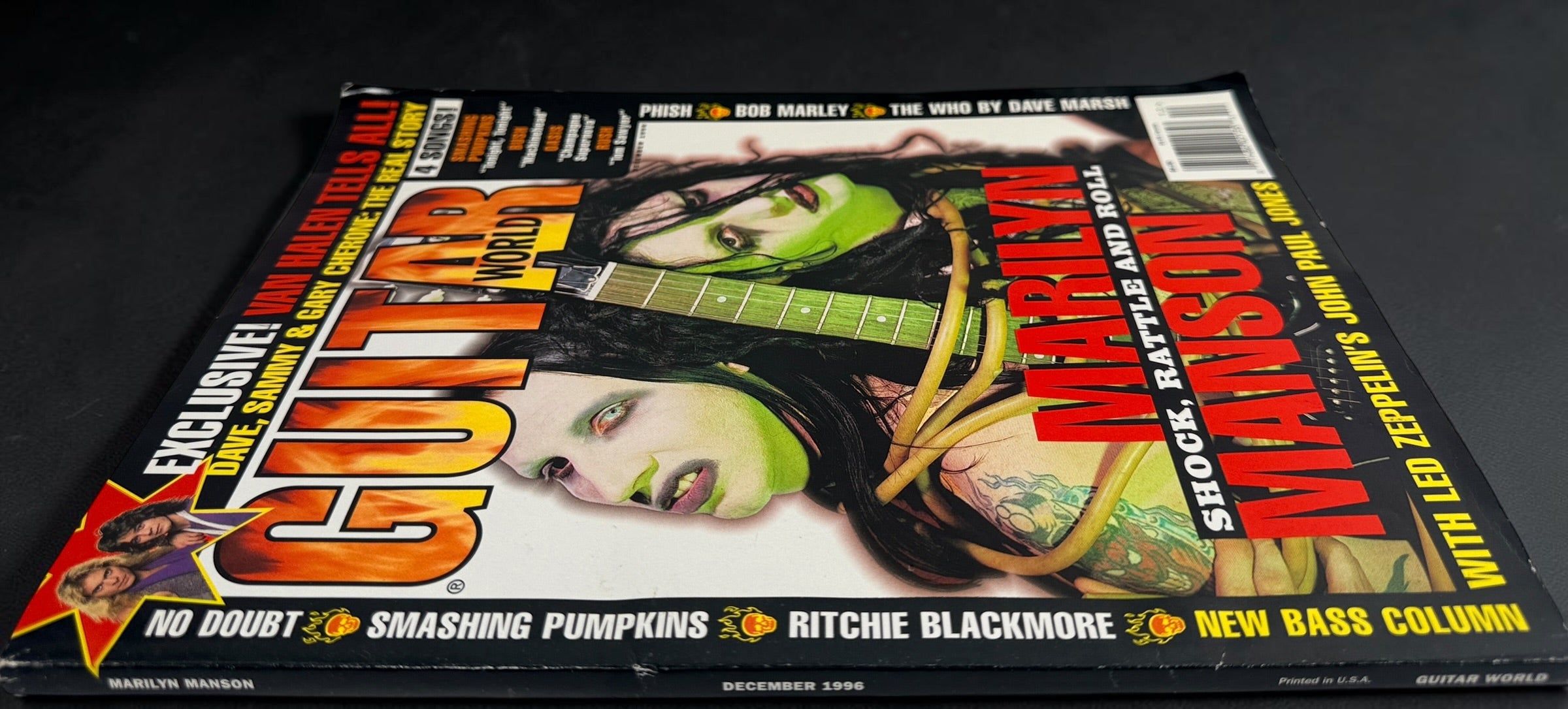 Vintage Guitar World December 1996 magazine featuring Marilyn Manson, Van Halen, No Doubt, White Zombie, Pantera, Bob Marley, and guitar transcriptions.