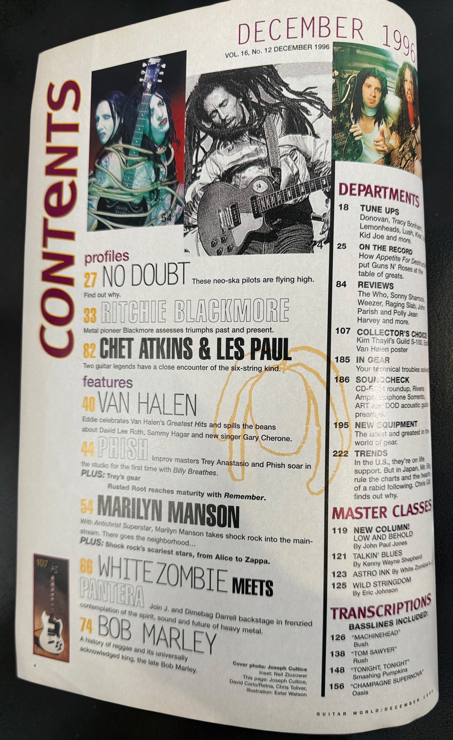 Vintage Guitar World December 1996 magazine featuring Marilyn Manson, Van Halen, No Doubt, White Zombie, Pantera, Bob Marley, and guitar transcriptions.