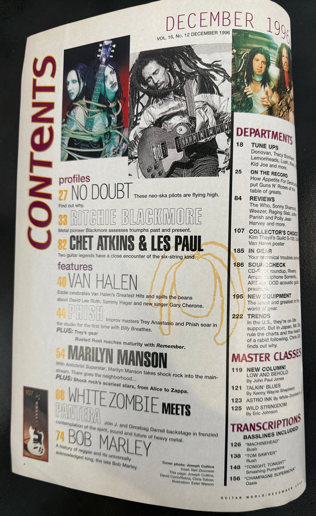 Vintage Guitar World December 1996 magazine featuring Marilyn Manson, Van Halen, No Doubt, White Zombie, Pantera, Bob Marley, and guitar transcriptions.