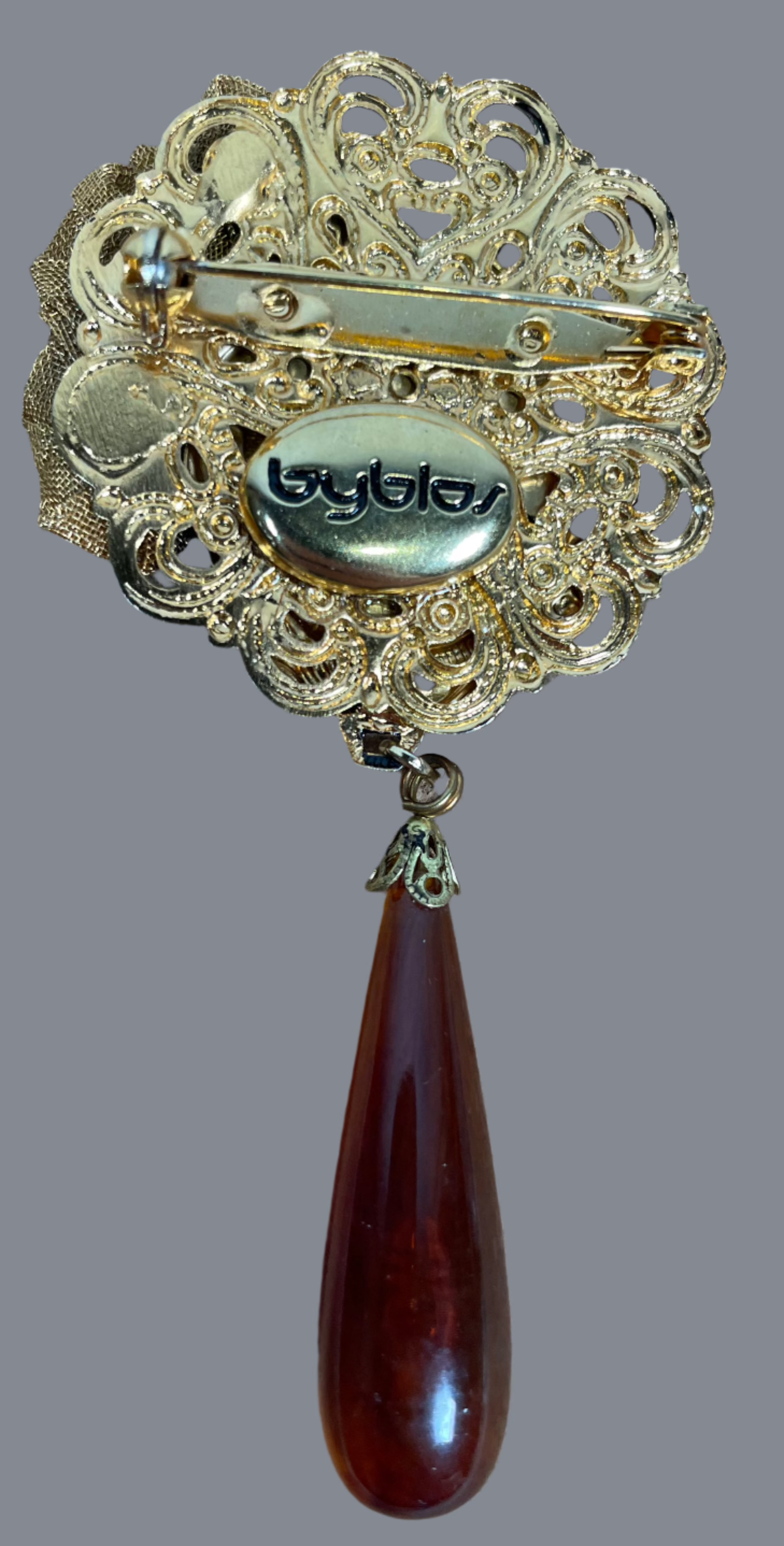 Vintage Byblos Brooch – Faux Amber & Gold Mesh Rose