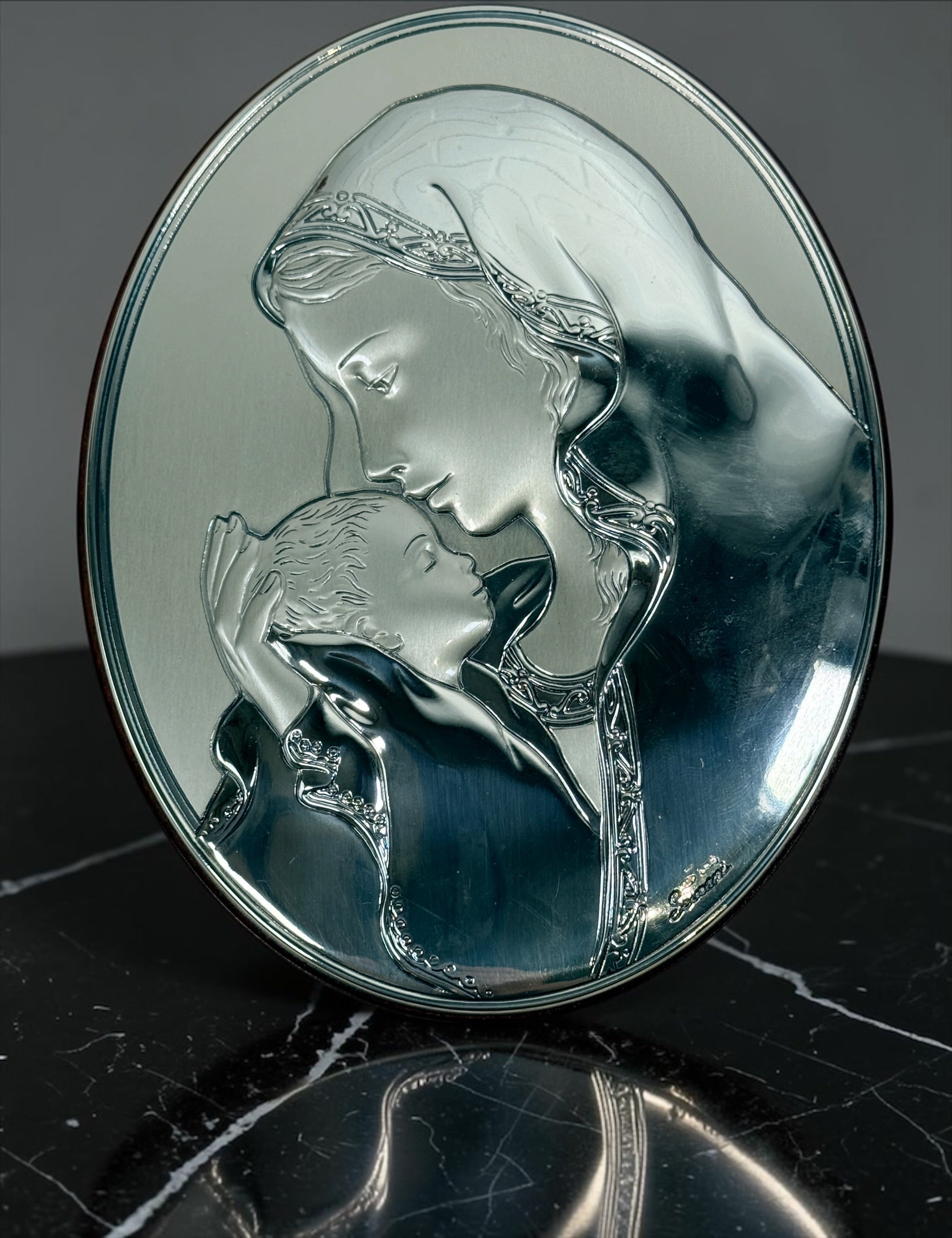 Sovrani Madonna and Child 925 silver overlay plaque made in Italy. Religious wall or tabletop display with original box and pouch included.