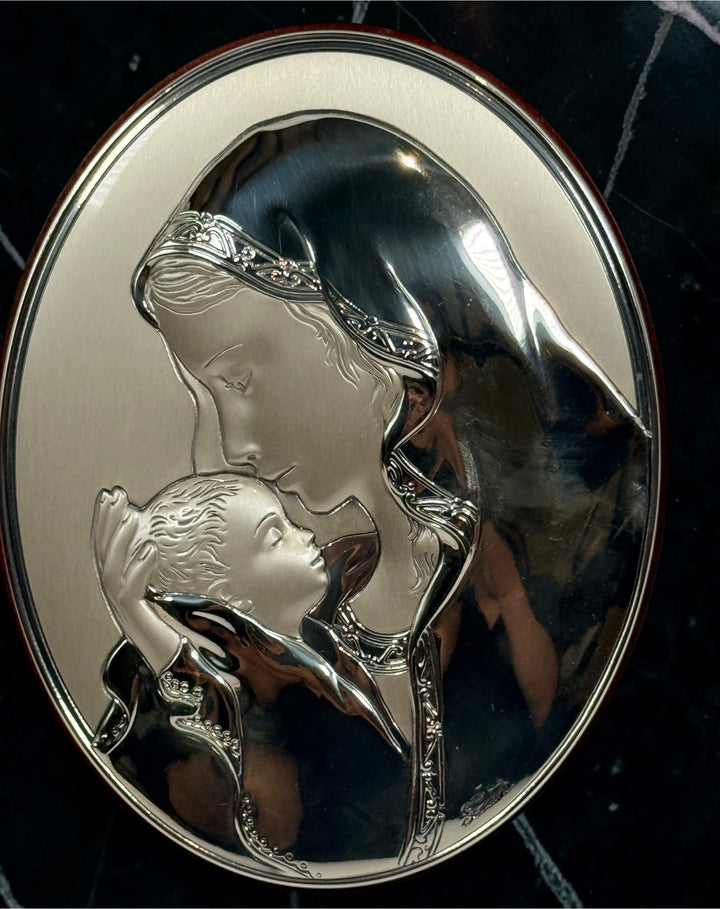 Sovrani Madonna and Child 925 silver overlay plaque made in Italy. Religious wall or tabletop display with original box and pouch included.