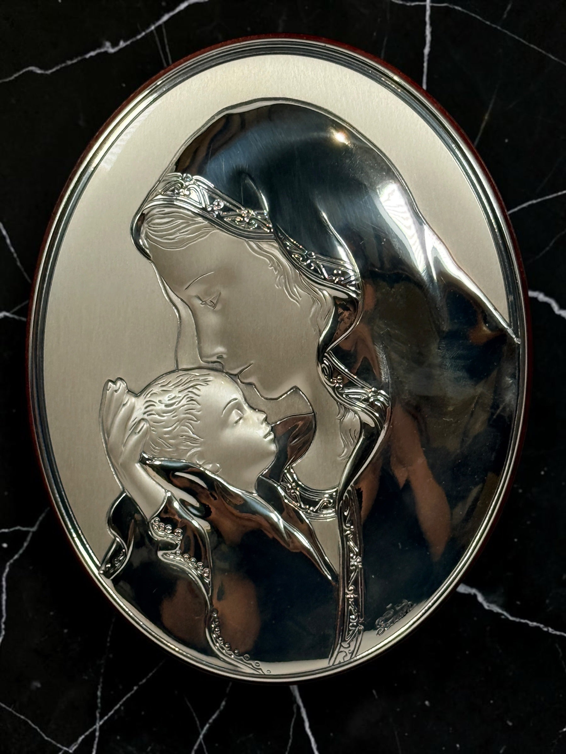 Sovrani Madonna and Child 925 silver overlay plaque made in Italy. Religious wall or tabletop display with original box and pouch included.