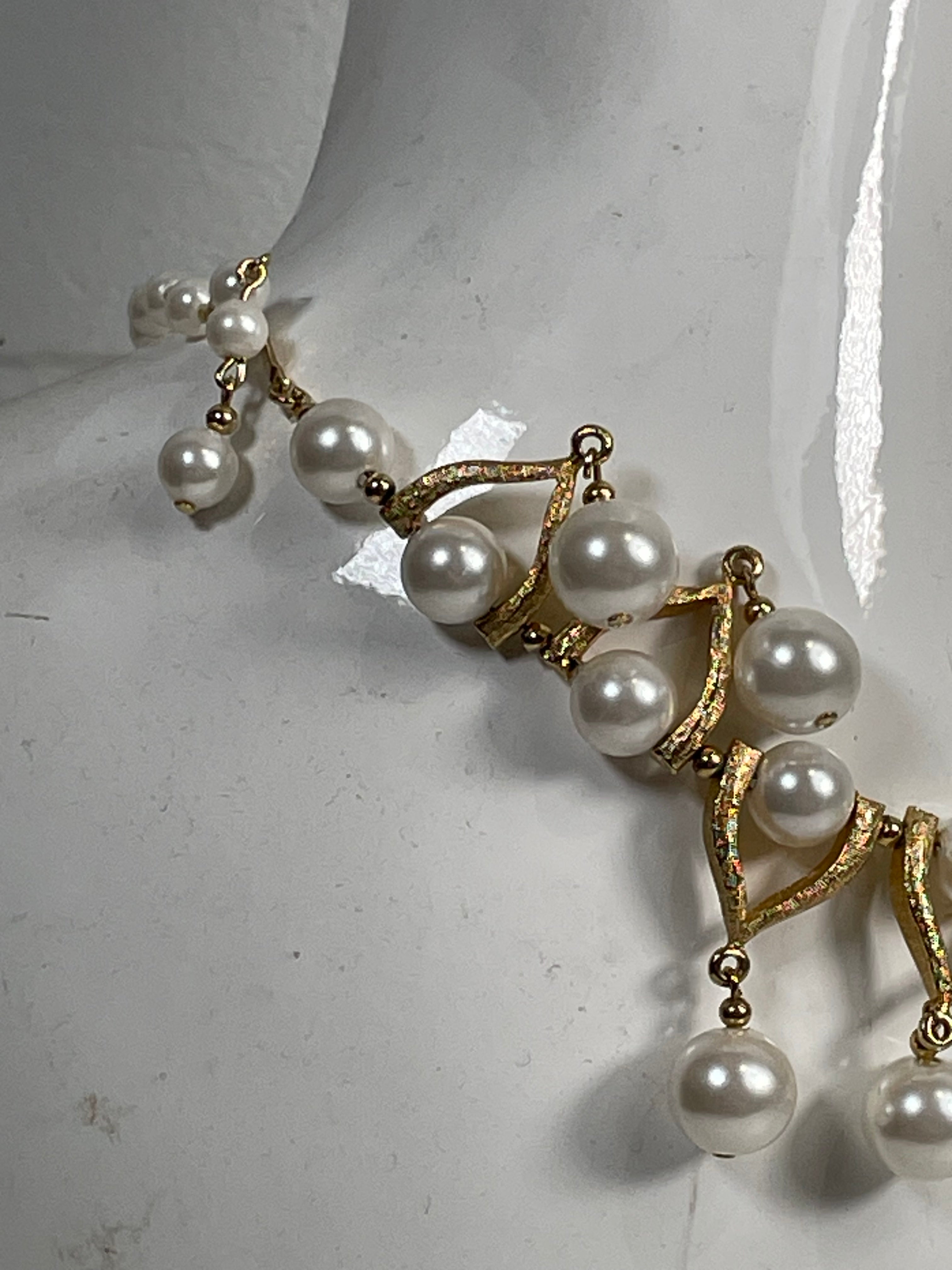 Vintage 1950s François Faux Pearl Necklace – Textured Gold Tone Fringe