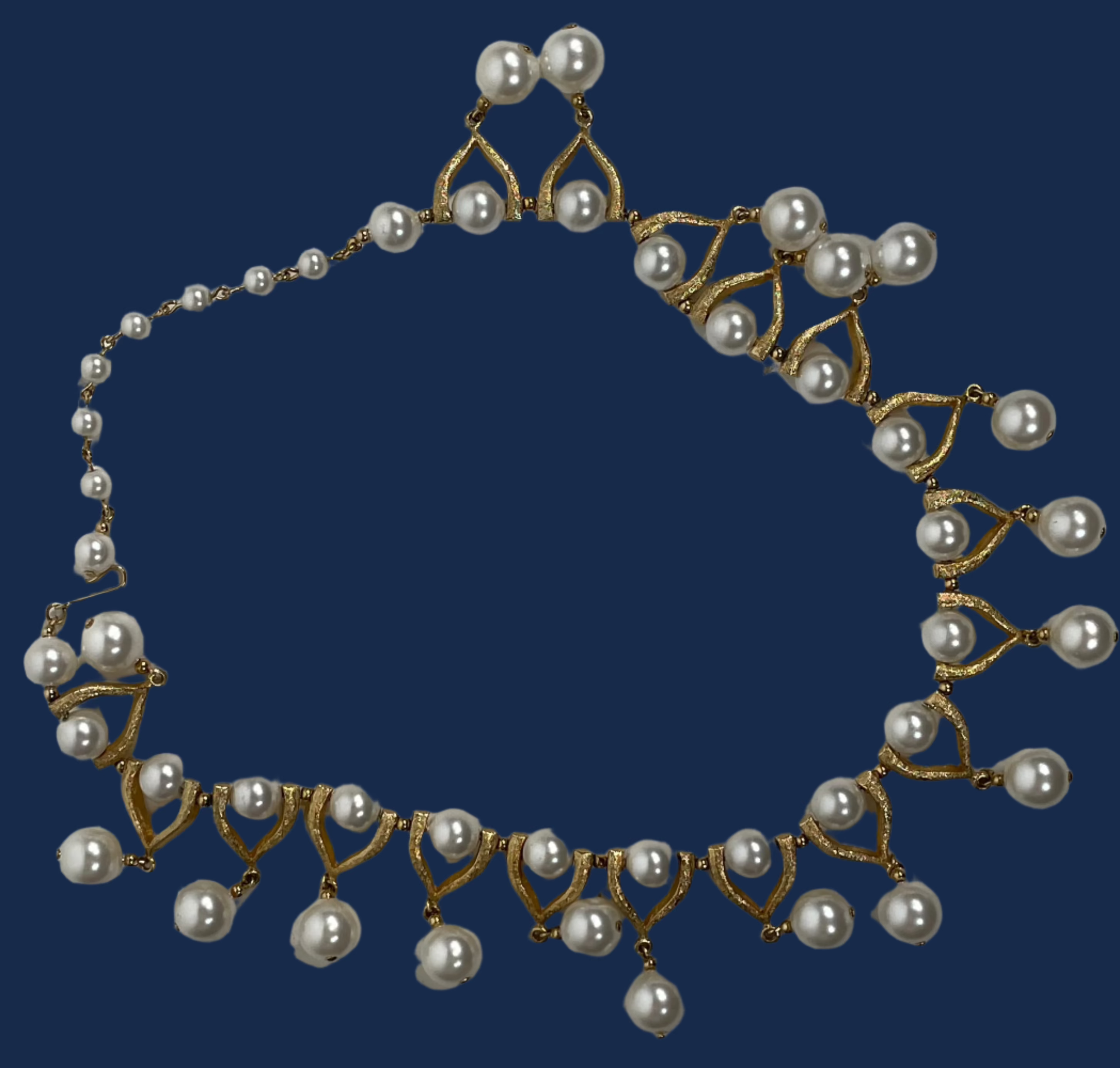 Vintage 1950s François Faux Pearl Necklace – Textured Gold Tone Fringe