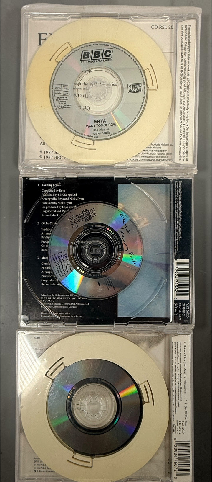 Lot of 3 original Enya CD singles including I Want Tomorrow, Evening Falls and Orinoco Flow. Late 1980s releases with original cases and inserts.