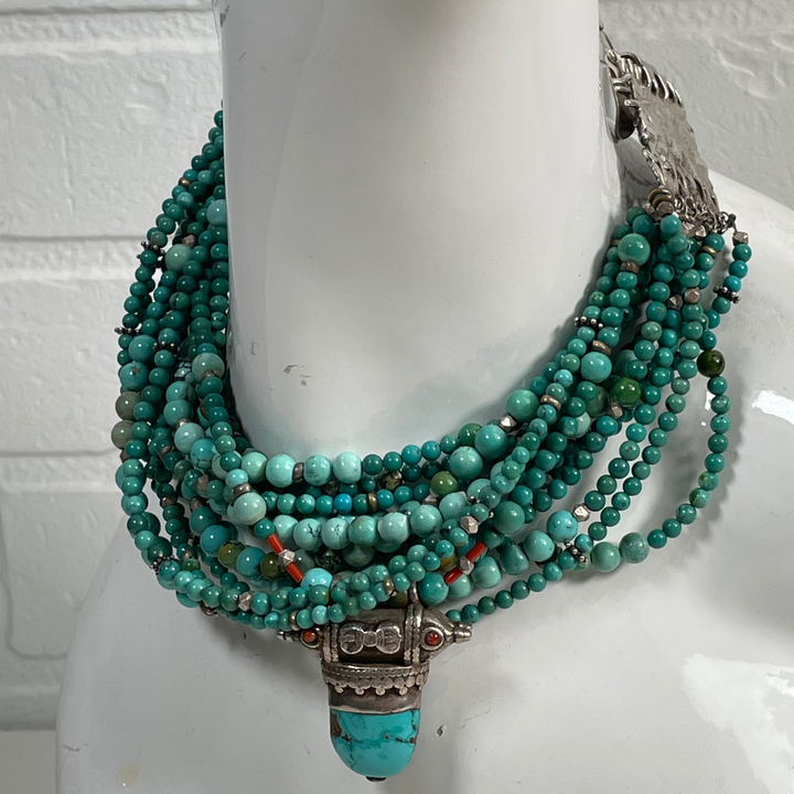 Vintage Tribal Turquoise Beaded Necklace – Multi-Strand with Ornate Pendant