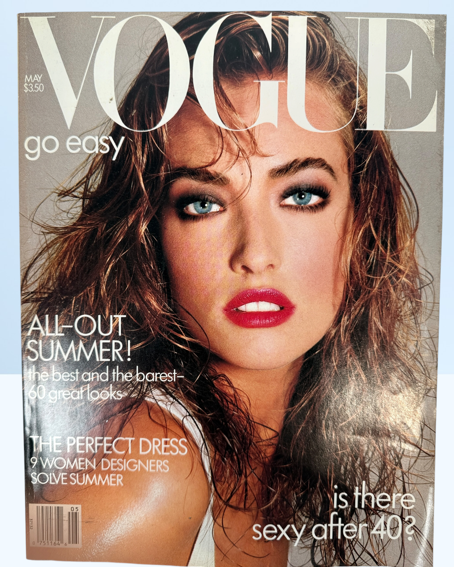 Vintage Vogue May 1987 featuring Tatjana Patitz and Christy Turlington. Original 1980s fashion magazine packed with editorials, photography, and luxury ads.