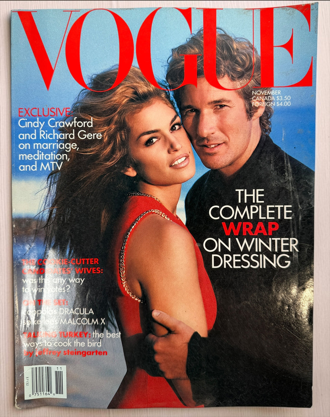 Magazine Vogue, Novembre 1992, Cindy Crawford et Richard Gere en Couverture, Mode Vintage Années 90