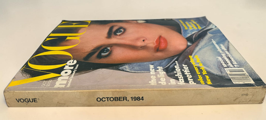 Vintage Vogue Magazine October 1984 featuring Brooke Shields on the cover. Special Beauty Issue with couture fashion, luxury advertising, and iconic 1980s style.