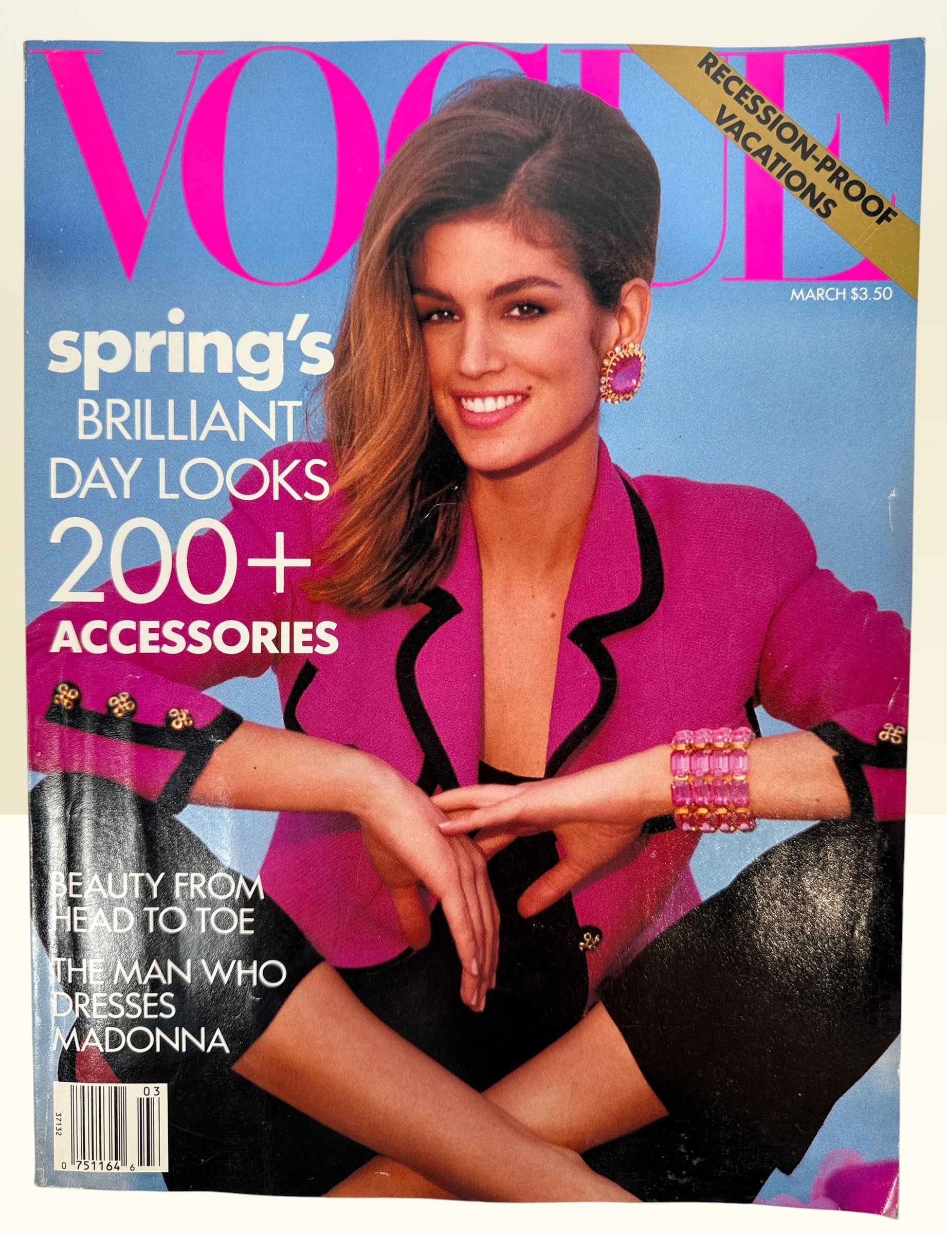 Original Vogue Magazine March 1991 featuring Cindy Crawford on the cover with Jean Paul Gaultier feature, spring fashion, beauty, and accessories. Collectible vintage issue.