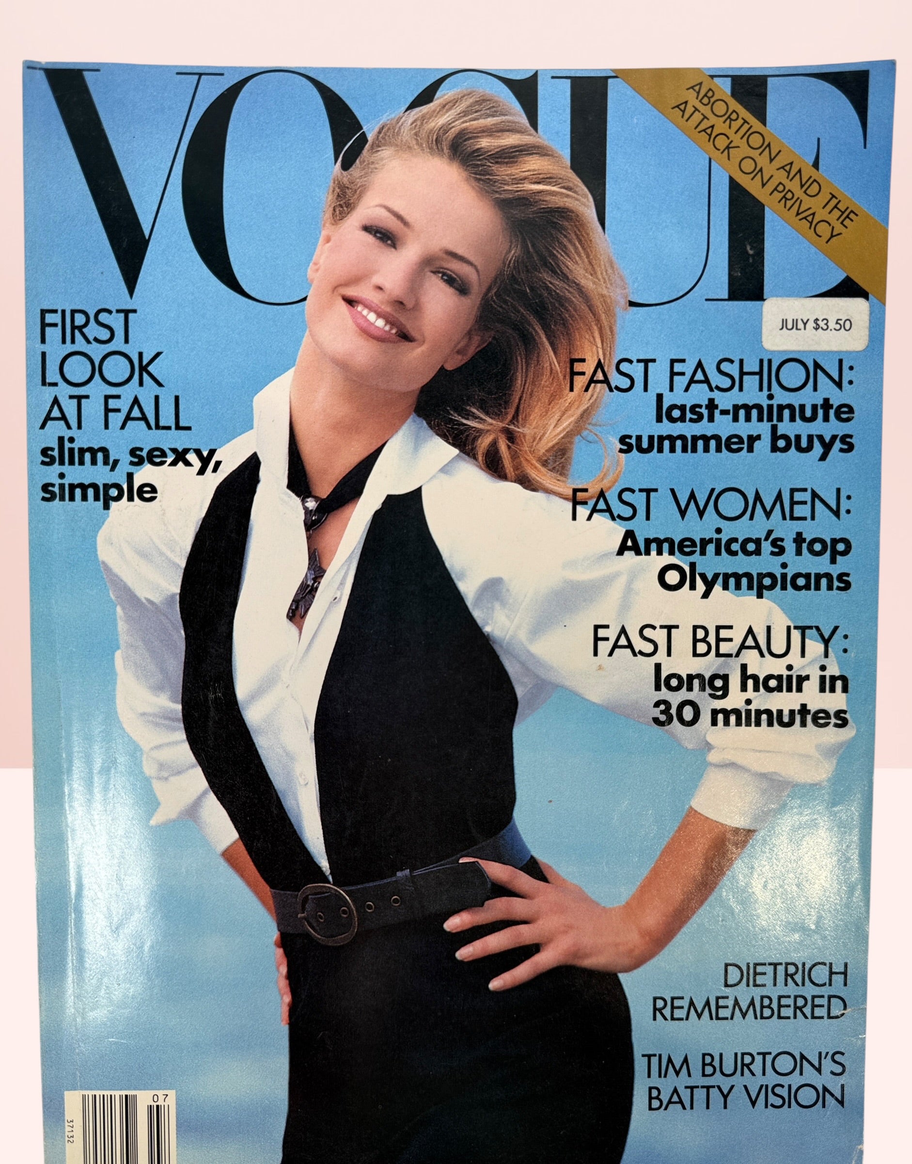 Original July 1992 Vogue magazine featuring Karen Mulder, Donna Karan fall fashion, Tim Burton, Marlene Dietrich tribute, and iconic 1990s editorials.