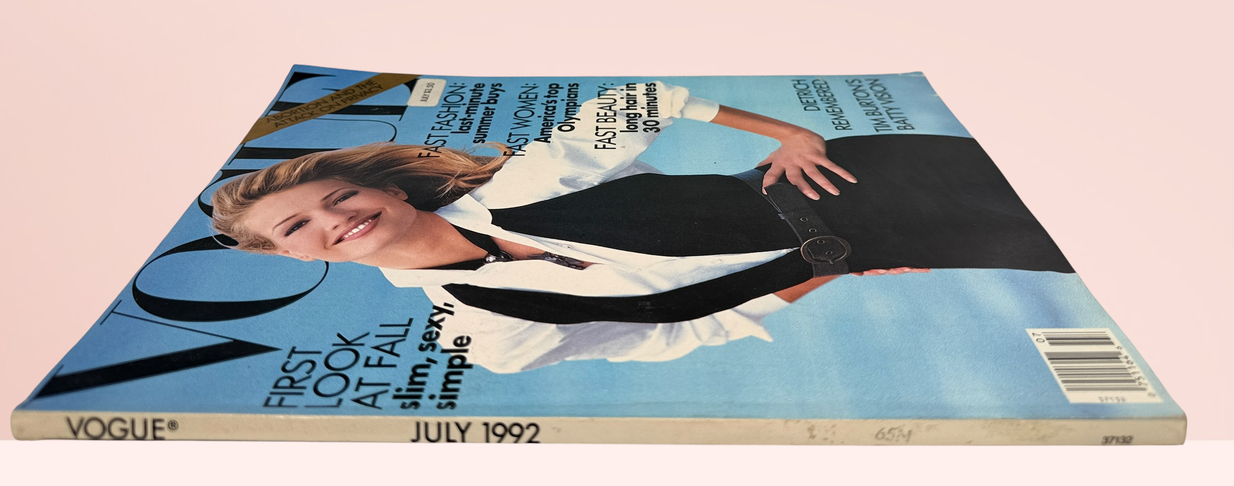 Original July 1992 Vogue magazine featuring Karen Mulder, Donna Karan fall fashion, Tim Burton, Marlene Dietrich tribute, and iconic 1990s editorials.