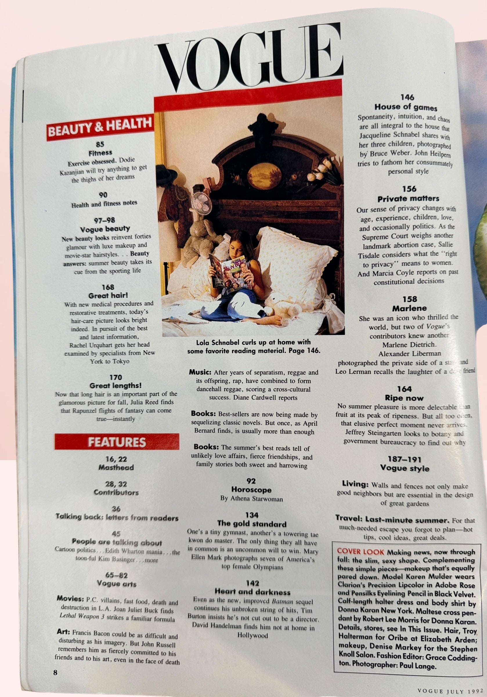 Original July 1992 Vogue magazine featuring Karen Mulder, Donna Karan fall fashion, Tim Burton, Marlene Dietrich tribute, and iconic 1990s editorials.