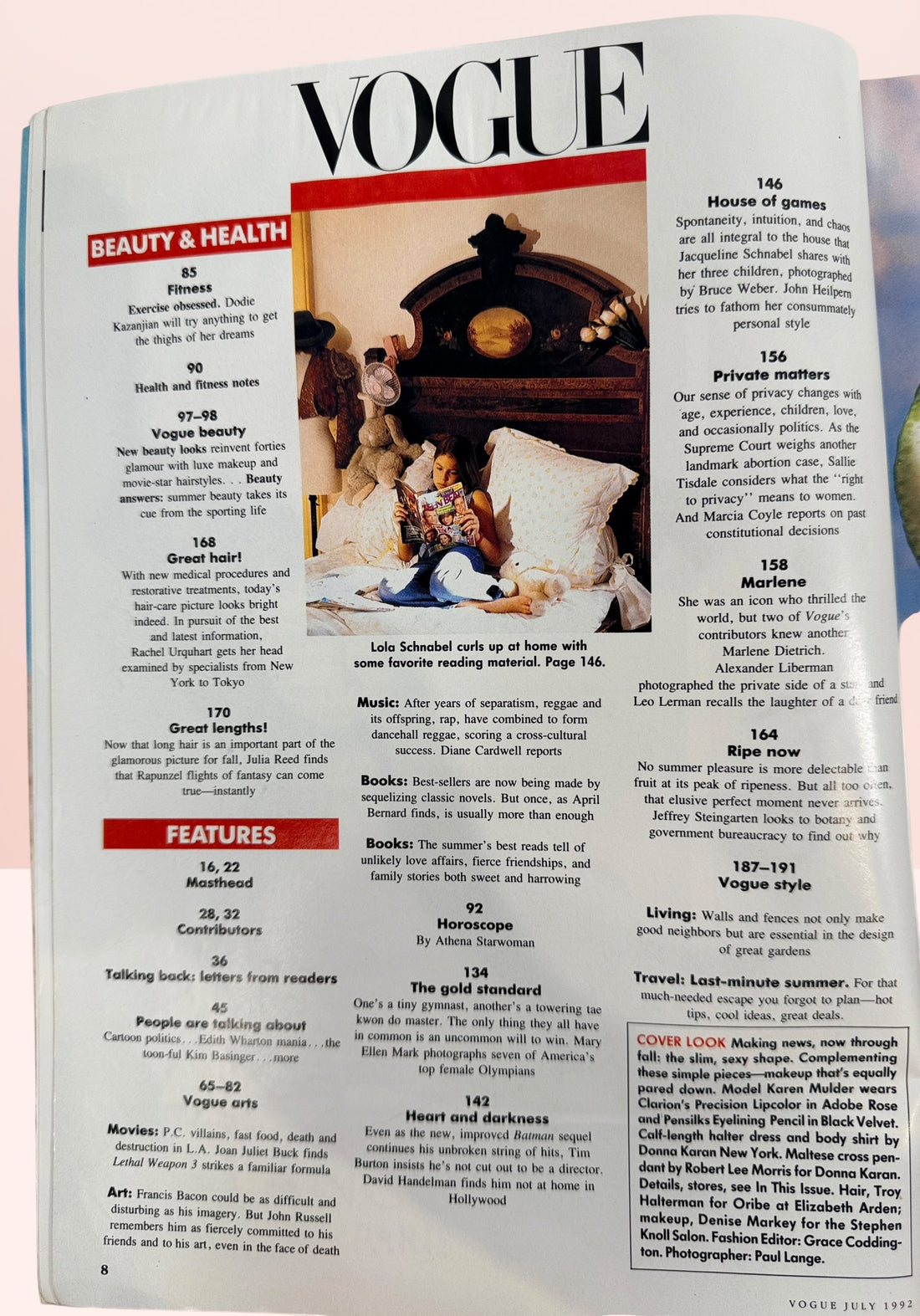 Original July 1992 Vogue magazine featuring Karen Mulder, Donna Karan fall fashion, Tim Burton, Marlene Dietrich tribute, and iconic 1990s editorials.