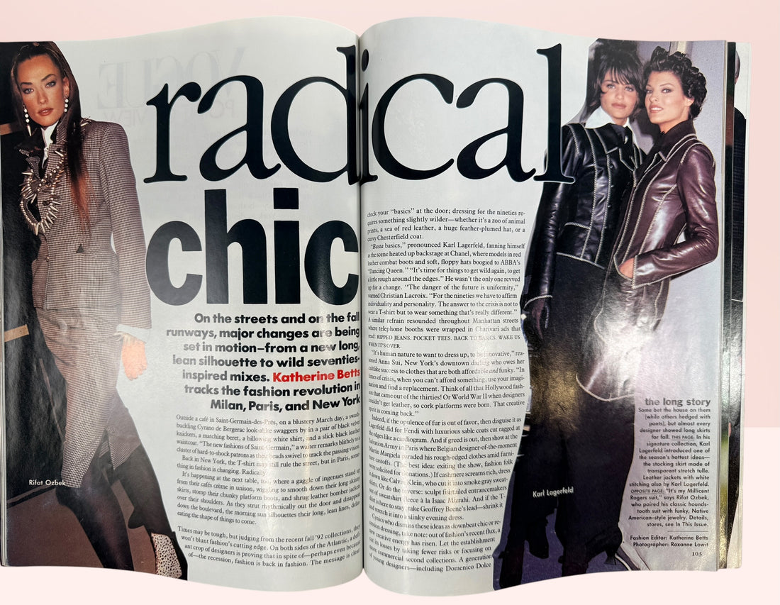 Original July 1992 Vogue magazine featuring Karen Mulder, Donna Karan fall fashion, Tim Burton, Marlene Dietrich tribute, and iconic 1990s editorials.