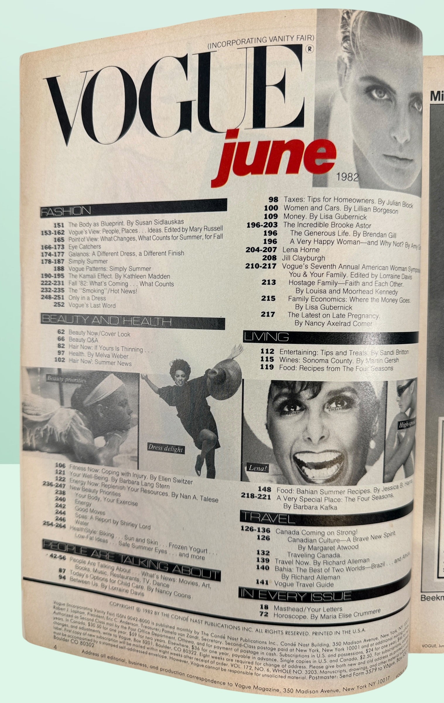 Original June 1982 Vogue magazine featuring Norma Kamali, Galanos, Brooke Astor, Lena Horne, Margaret Atwood, and iconic early-1980s fashion and advertising.